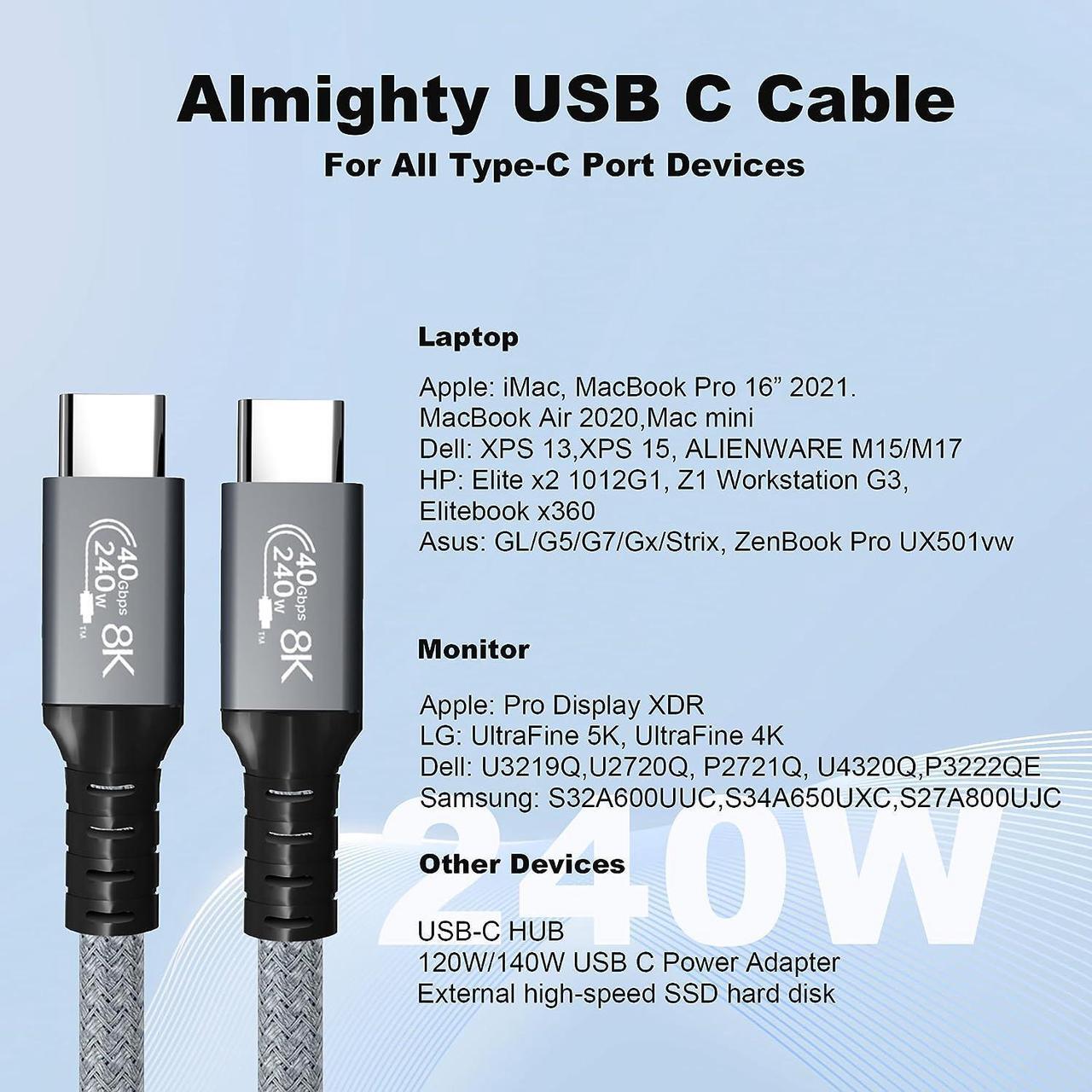 Alt view image 6 of 7 - USB4 Cable 240W for Thunderbolt 4 Cable 5 FT, 40Gbps and 8K@60Hz 5K@60Hz or Dual 4K Video USB-C Compatible with Thunderbolt 3/4, Dell, iPad Air 4, iPad Pro 2020, Pixel, Hub, Docking, and More