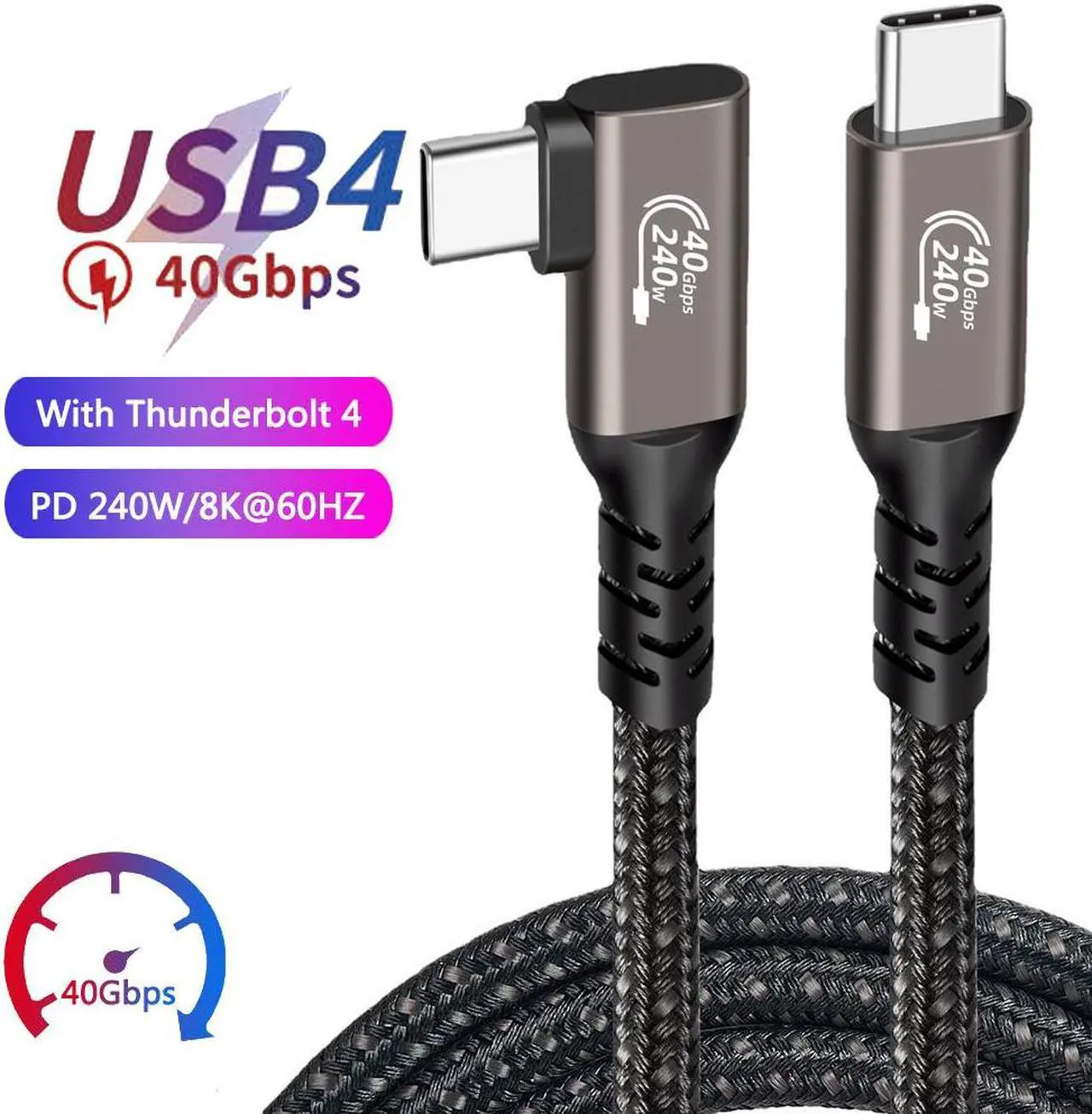 Main image of 90 Degree USB4 Cable, 40GBps Data Transmission, 240W (48V5A) PD Super Fast Charge, 8K@60Hz Video Output for Thunderbolt 3/4, Mobile Phone, Notebook, MAC, SSD, PD3.1 and QC4.0 (1.6FT, 1Pack)