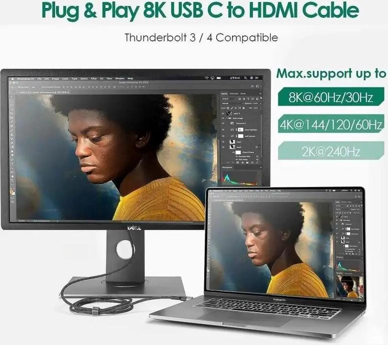 Alt view image 5 of 7 - 48Gbps 8K USB C to HDMI 2.1 Cable 6.6 ft, Support 4K 120Hz and 8K 60Hz HDR - Thunderbolt 3, Thunderbolt 4, USB4 Compatible with MacBook Pro/Air, iMac - Max Resolution on Any MacBook is 4K 60Hz