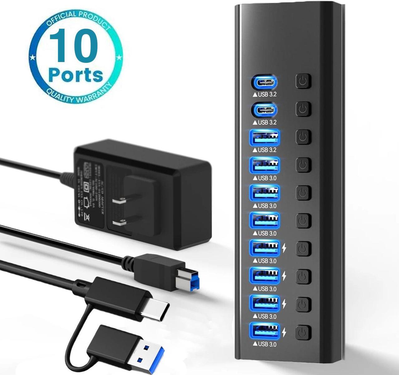 48W Powered USB Hub, 10-Port 90W USB 3.0 Splitter (10 USB 3.0 Ports+1 USB-A 3.2 Ports+2 USB-C 3.0 Ports), Individual On/Off Switches, 12V Power Adapter for Laptop, PC