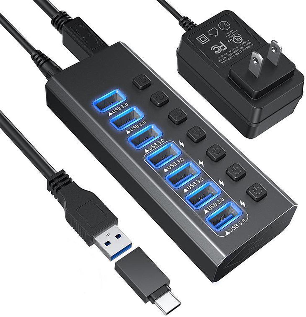 Powered USB Hub, 7-Port 24W USB 3.0 Splitter (7 USB3.0 Data Transfer Ports with 4 Smart Charging), Individual On/Off Switches, 12V Power Adapter for Laptop, PC