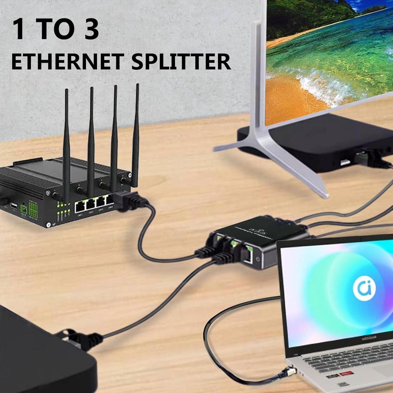 Alt view image 2 of 7 - Gigabit Ethernet Splitter 1 to 3 High Speed, 1000Mbps Ethernet Splitter [3 Devices Simultaneous Networking], RJ45 Splitter Adapter with USB Power Cable, Internet Splitter for Cat5/5e/6/7/8 Cable