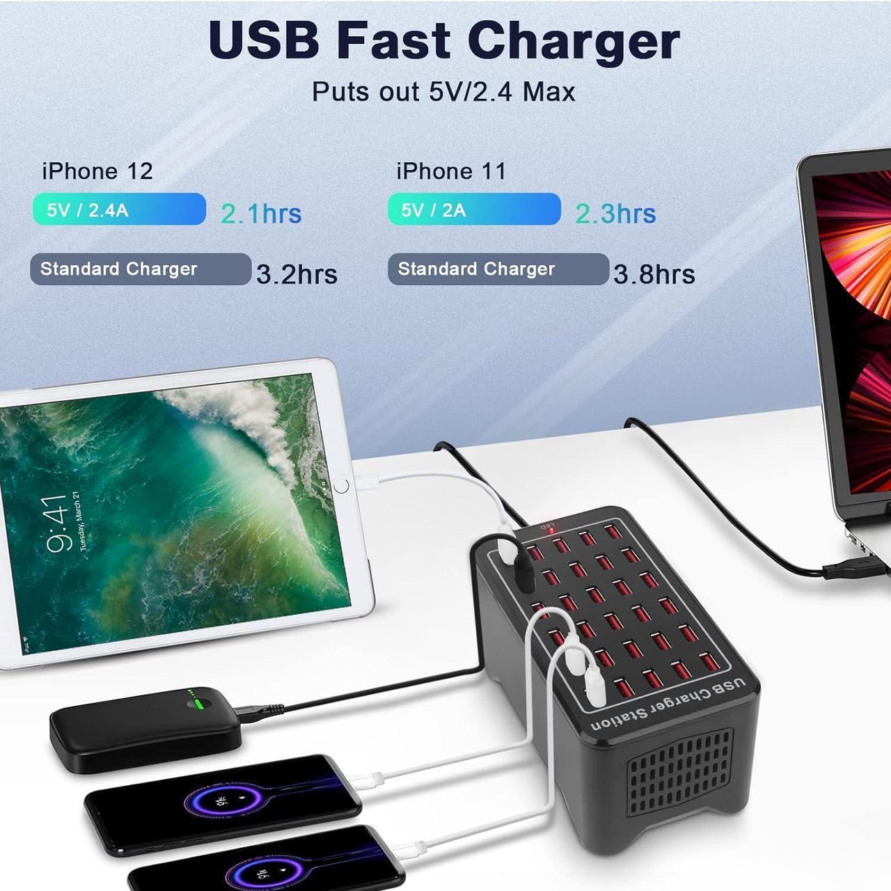 Alt view image 5 of 7 - 30-Port 150 watt (30 A) USB Charging Station, Home Desktop USB Fast Charger, Multiple USB Desktop Chargers, Suitable for Hotels, Shops - Black