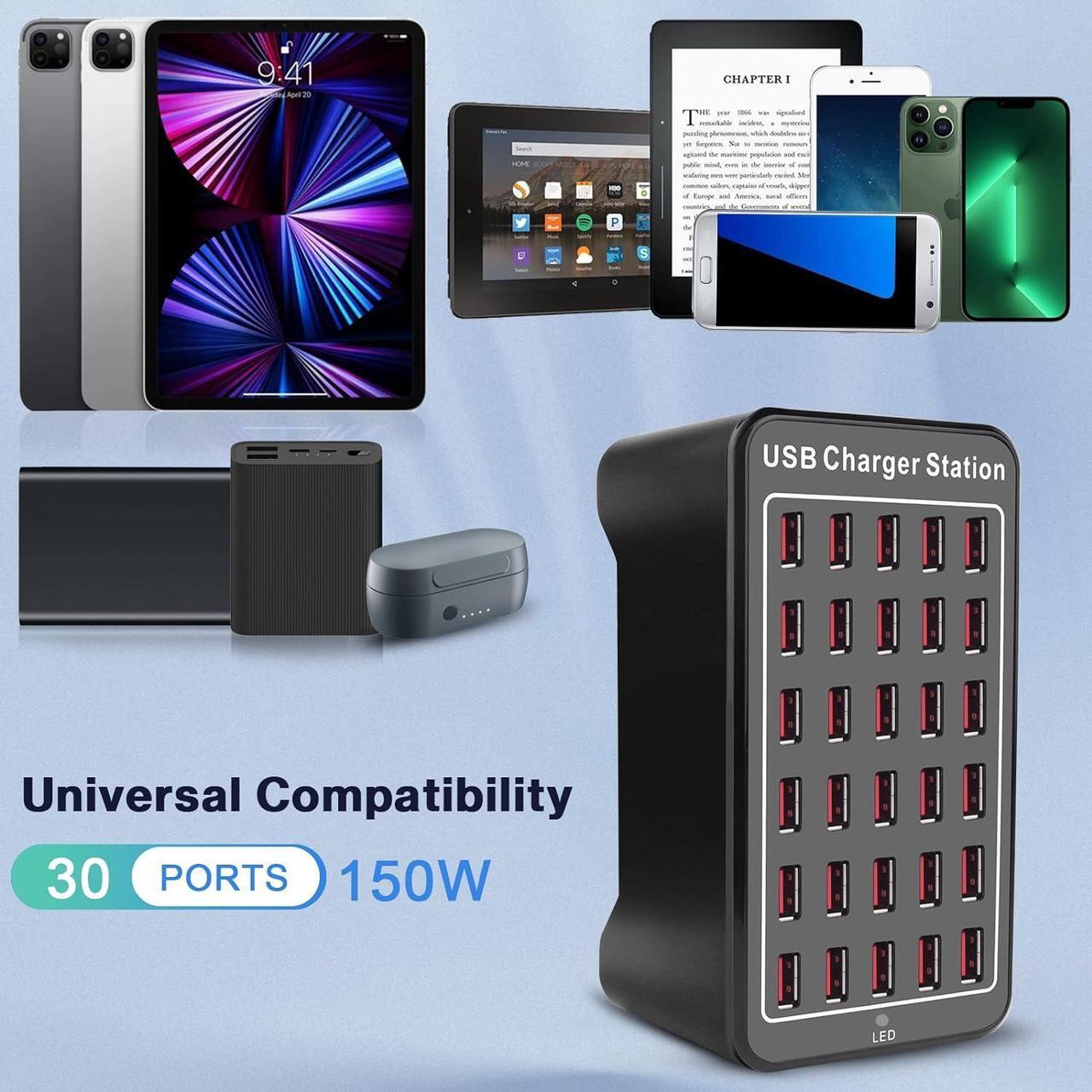 Alt view image 7 of 7 - 30-Port 150 watt (30 A) USB Charging Station, Home Desktop USB Fast Charger, Multiple USB Desktop Chargers, Suitable for Hotels, Shops - Black