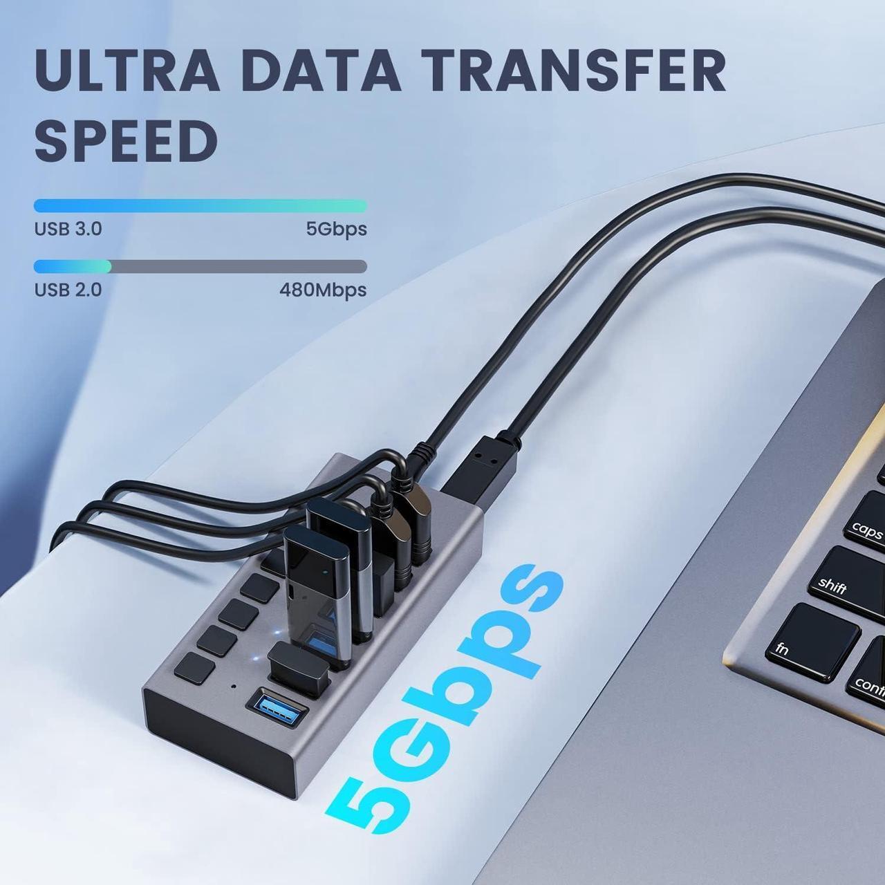 Alt view image 3 of 7 - Powered USB Hub 3.0,  Data 7 Ports and USB Charging 7 Port Multi USB 3.0 Splitter with Individual LED Switches Power Adapter 4FT Extender Long Cable for Laptop Computer PC PS4 Flash Drive