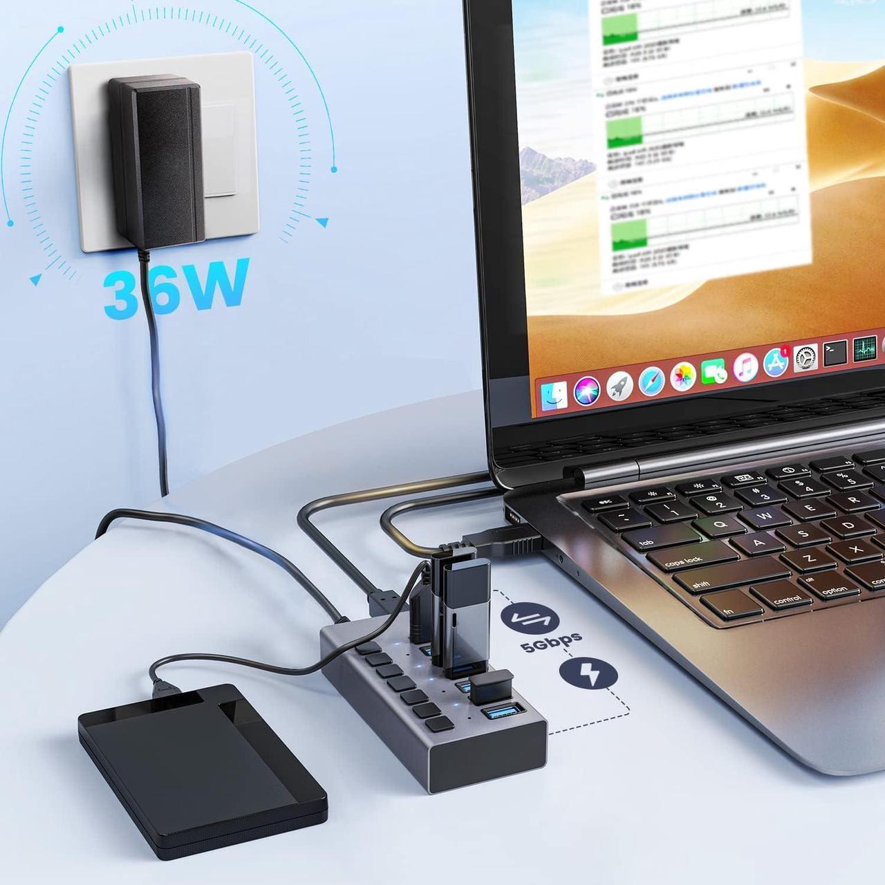 Alt view image 6 of 7 - Powered USB Hub 3.0,  Data 7 Ports and USB Charging 7 Port Multi USB 3.0 Splitter with Individual LED Switches Power Adapter 4FT Extender Long Cable for Laptop Computer PC PS4 Flash Drive