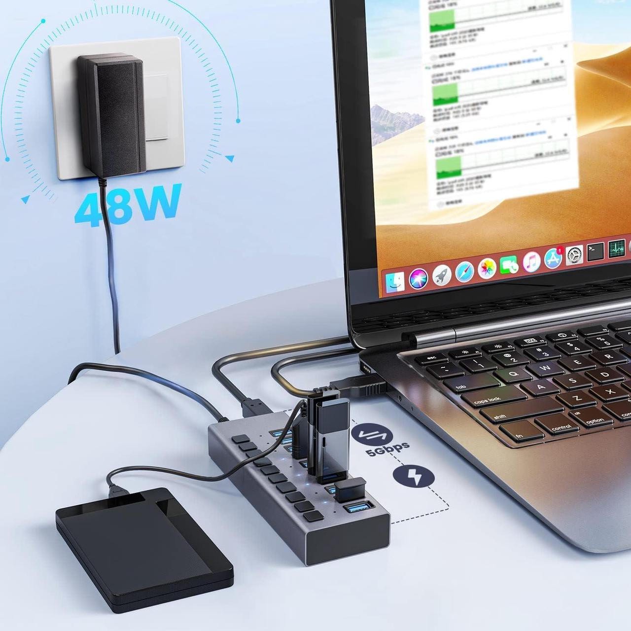 Alt view image 6 of 7 - Powered USB 3.0 Hub, 10-Port USB Hub Splitter (10 Data Transfer Ports+ 10 Charging Ports) with Individual LED On/Off Switches, USB Hub 3.0 Powered with Power Adapter for Mac, PC