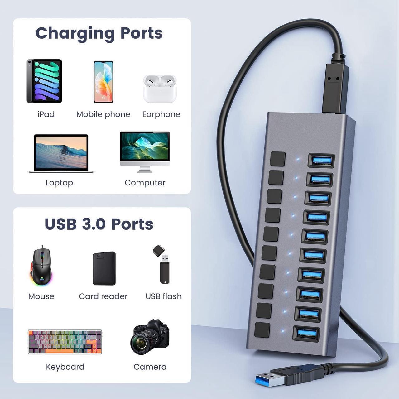 Alt view image 7 of 7 - Powered USB 3.0 Hub, 10-Port USB Hub Splitter (10 Data Transfer Ports+ 10 Charging Ports) with Individual LED On/Off Switches, USB Hub 3.0 Powered with Power Adapter for Mac, PC