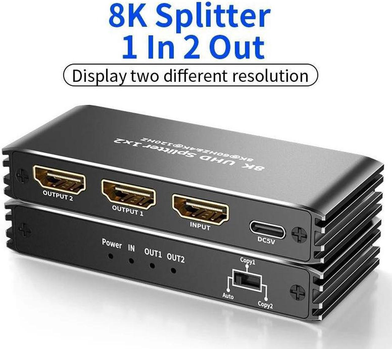 4K 120Hz Hdmi Splitter 1x2, HDMI Splitter 1 in 2 Out, HDMI Splitter Supports Full HD1080P 8K and 3D, HDCP 2.3 EDID Support 48Gbps, HDCP 2.3, RGB 4:4:4  Compatible with Xbox PS3/4 Blu-Ray Player HDTV