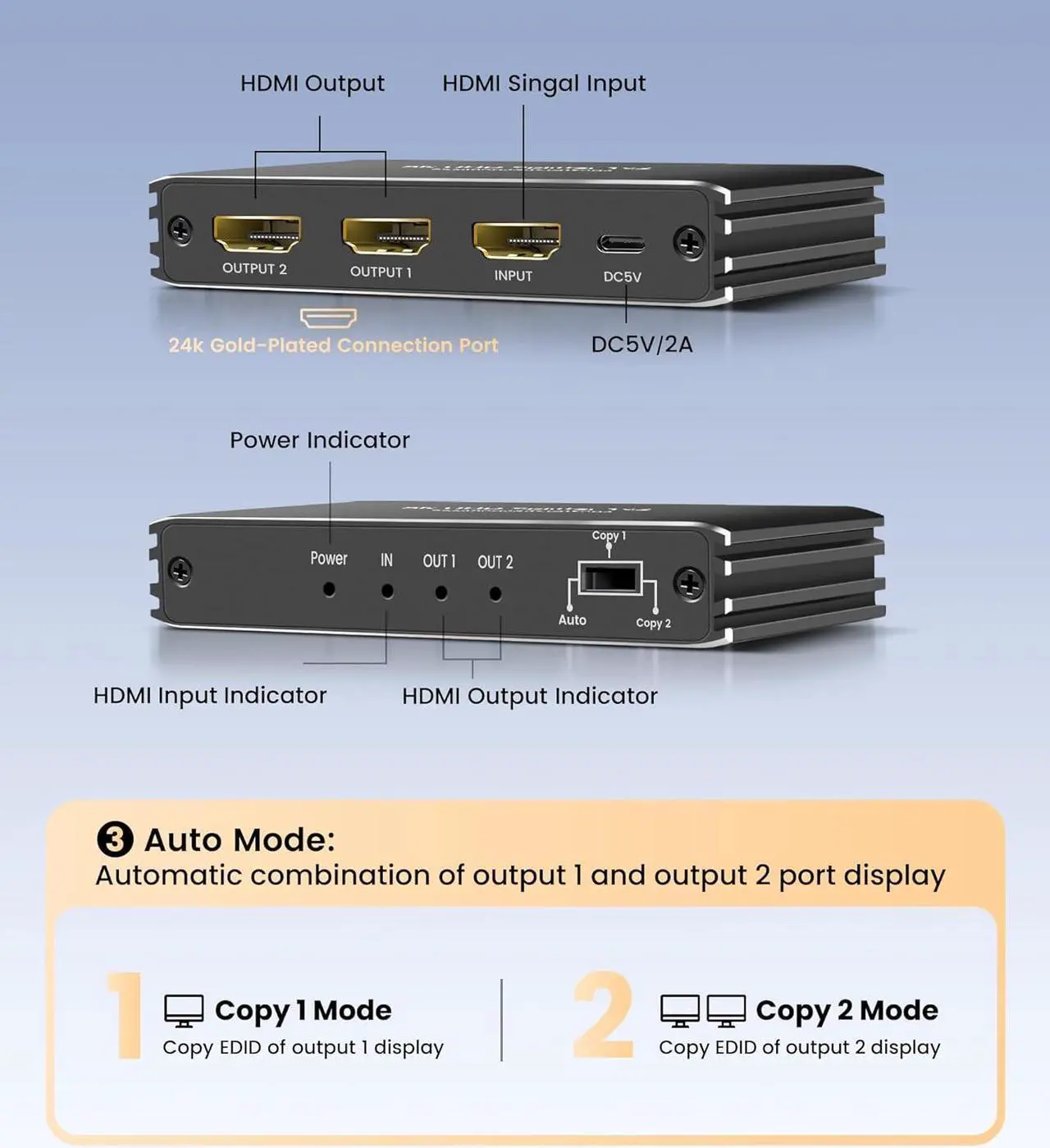 Alt view image 2 of 7 - 4K 120Hz HDMI Splitter 1 in 2 Out, 1x2 Power HDMI Splitter 2 Ports w/AC Adapter, 8K@60Hz 3D Full HD Distributor Support 48Gbps, HDCP 2.3, RGB 4:4:4  for HDTV, STB, DVD, PS3, Projector Etc