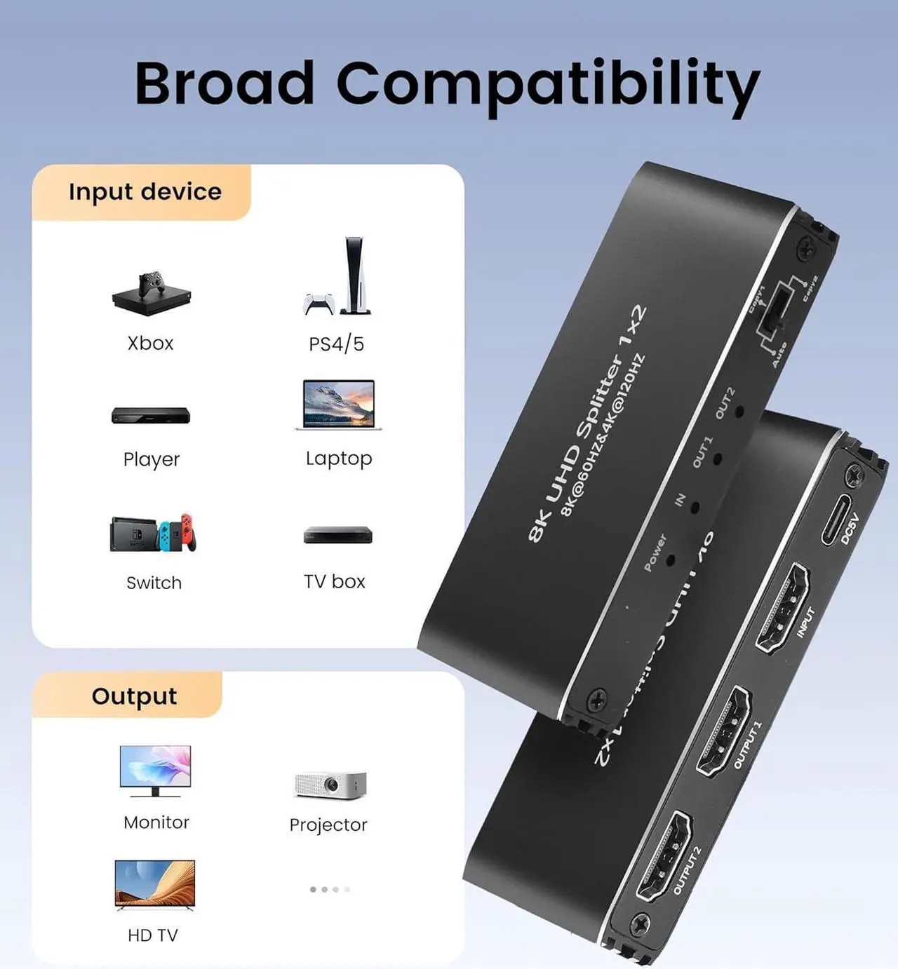 Alt view image 7 of 7 - 4K 120Hz HDMI Splitter 1 in 2 Out, 1x2 Power HDMI Splitter 2 Ports w/AC Adapter, 8K@60Hz 3D Full HD Distributor Support 48Gbps, HDCP 2.3, RGB 4:4:4  for HDTV, STB, DVD, PS3, Projector Etc