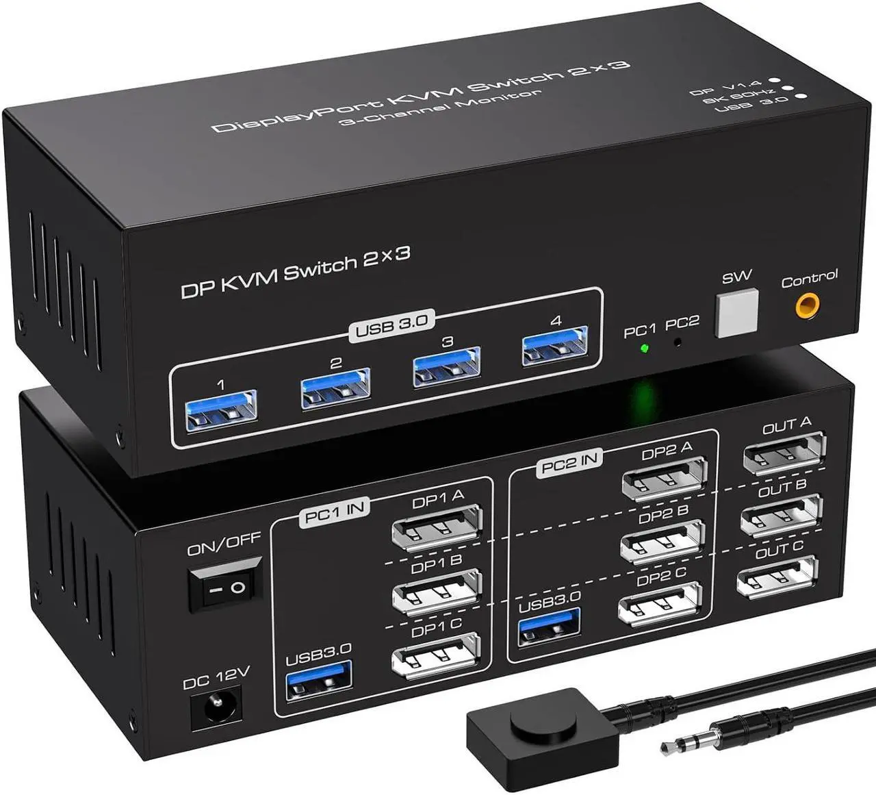 Main image of USB 3.0 Displayport KVM Switch Triple Monitor, 8K@60Hz 2K@120Hz USB DP Extended Display Switcher for 2 Computers 3 Monitors and 4 USB 3.0 Ports, EDID Support Extended & Duplicate Mode