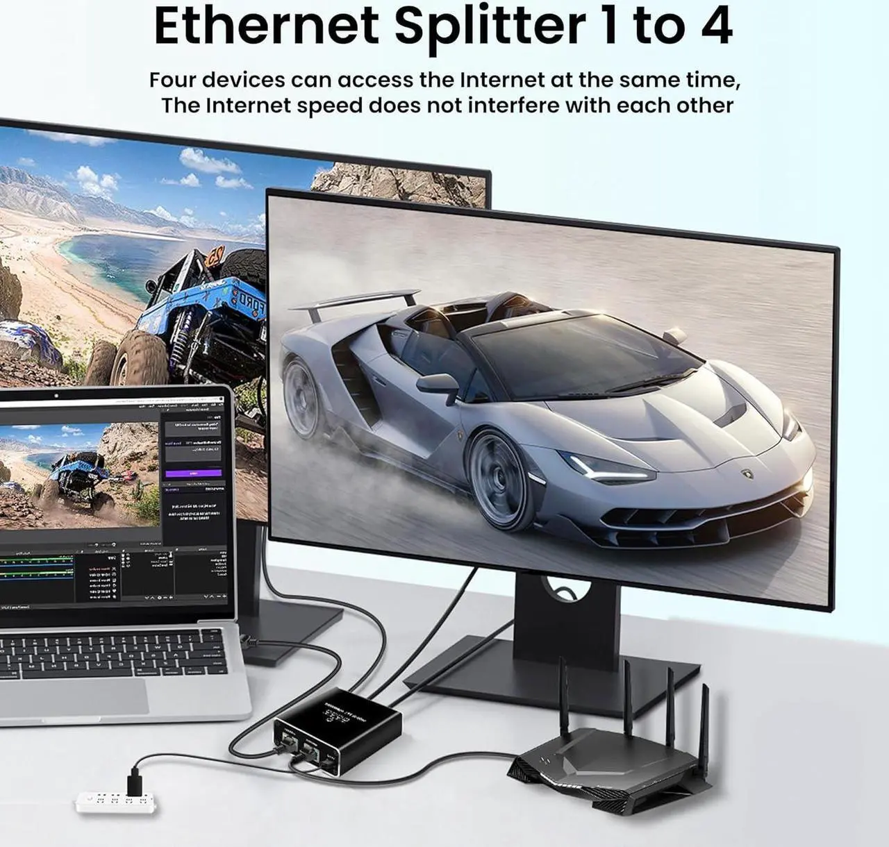 Alt view image 3 of 7 - Gigabit Ethernet Splitter 1 to 4 RJ45 Network Adapter, Suitable for Computer/Router/Network Box with RJ45 Interface, Compatible with Cat5/5e/6/7/8 Cable [4 Devices Simultaneous Networking]