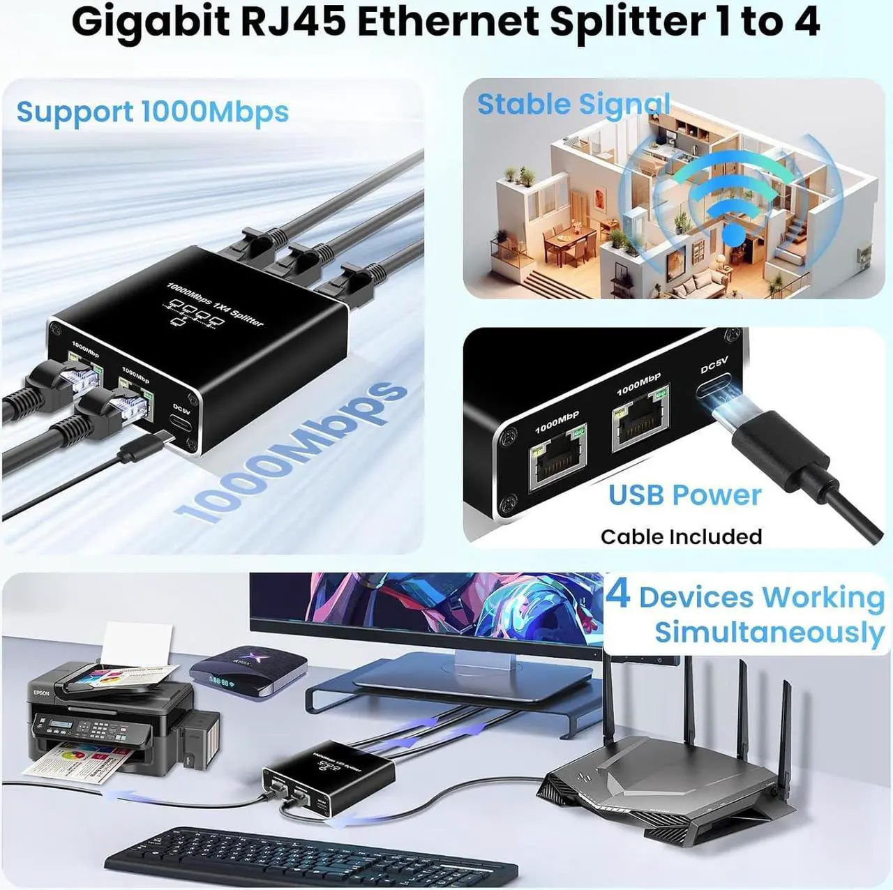 Alt view image 2 of 7 - Gigabit Ethernet Splitter 1 to 4 RJ45 Network Adapter, Suitable for Computer/Router/Network Box with RJ45 Interface, Compatible with Cat5/5e/6/7/8 Cable [4 Devices Simultaneous Networking]