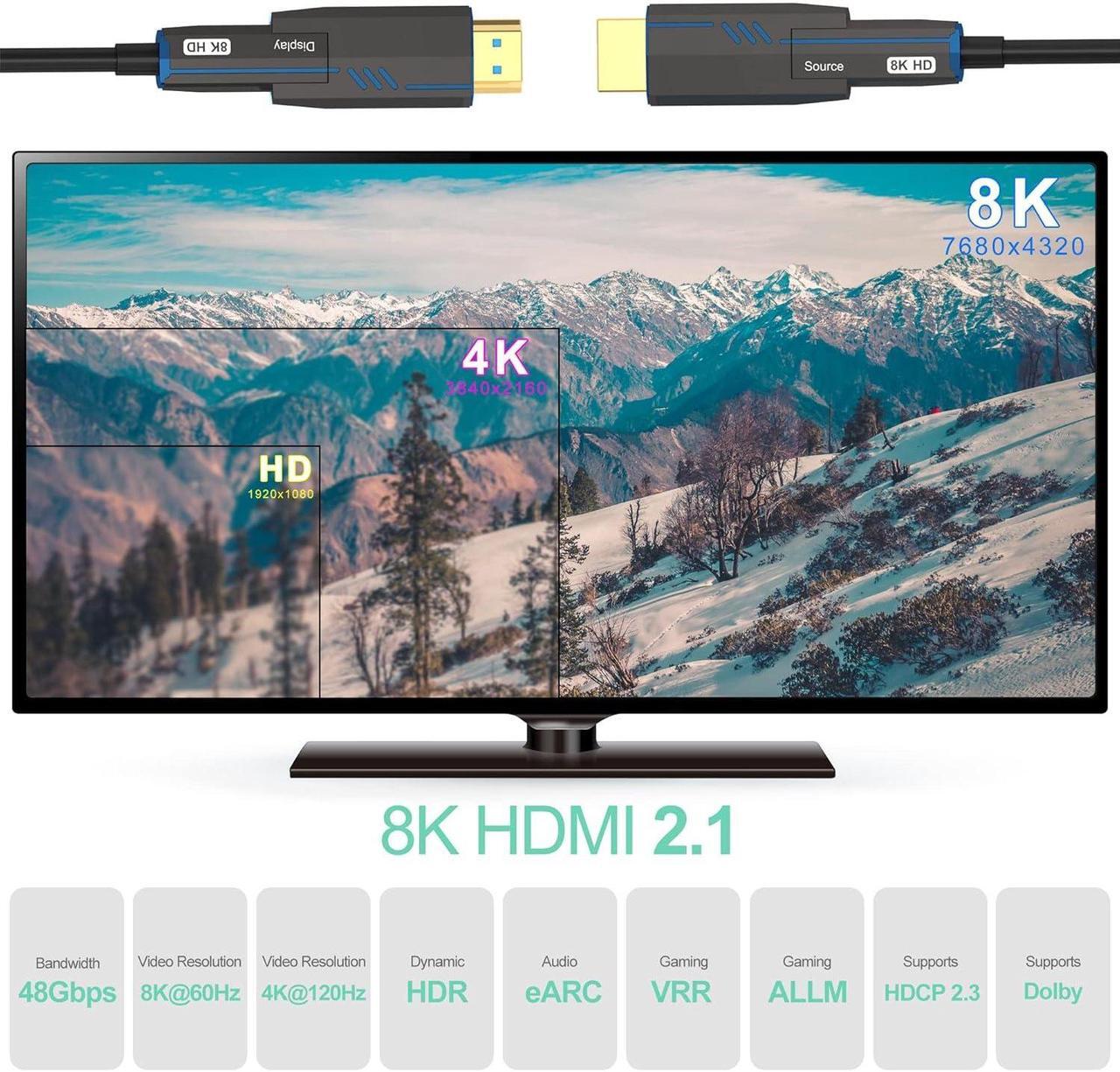 Alt view image 3 of 7 - 8K Fiber Micro HDMI Cable with Detachable HDMI Adapter, 100ft Long Fiber Optic HDMI 2.1 Cable Support 48Gbps, 8K 60Hz, 4K 120Hz, Dynamic HDR, eARC, HDCP2.2/2.3 Compatible with PS5, Xbox, RTX 3090