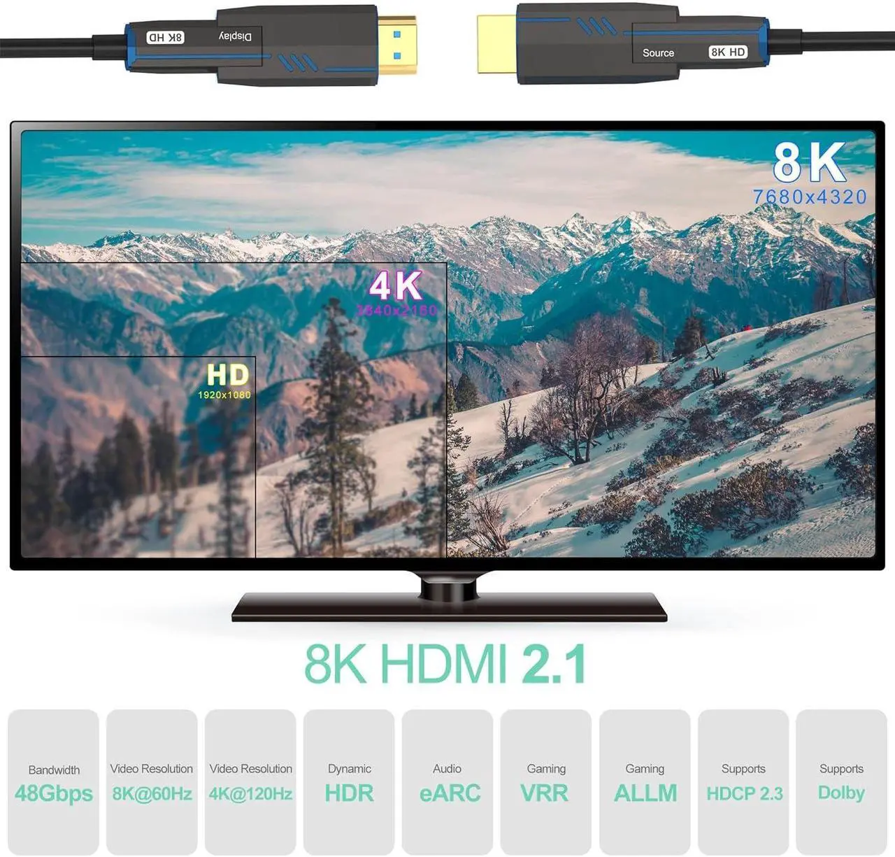 Alt view image 3 of 7 - 4K120Hz Fiber Optic HDMI Cable 164 Feet 8K 60Hz,HDCP 2.2&2.3, HDR10 48Gbps High Speed Ultra HD with Dual Connector Micro HDMI and Standard HDMI Cord Compatible with TV Projector Computer Monitor