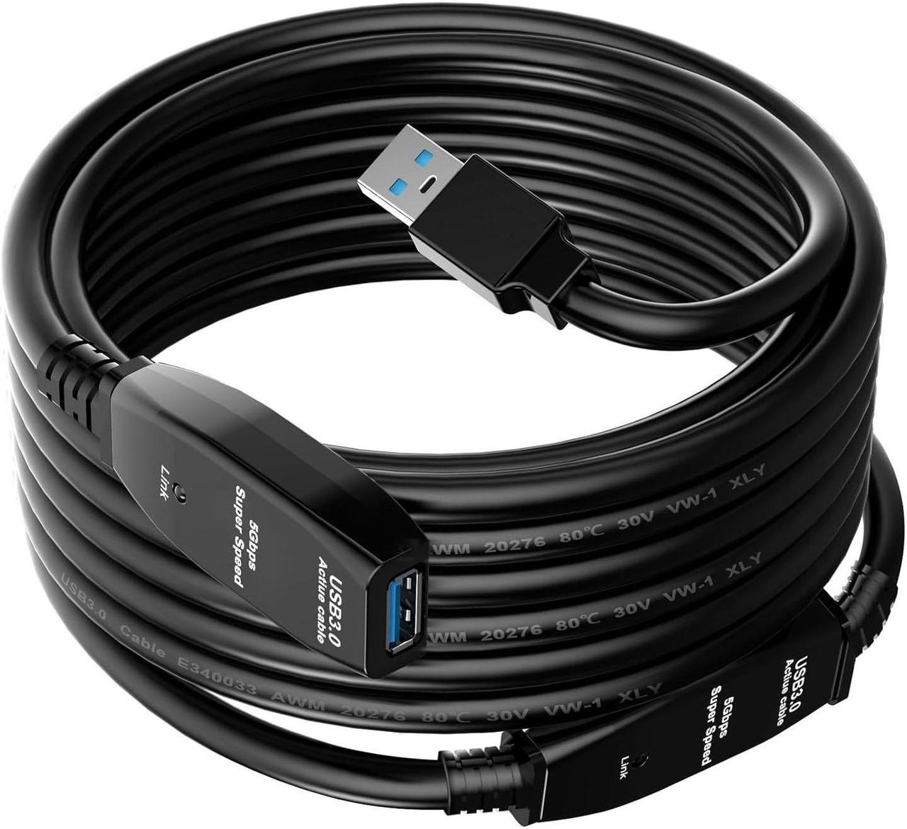 USB 3.0 Active Extension Cable 33 Feet, Long USB Type-A Male to Female Extender Cord, Built-in 2 Signal Booster Smart Chips, 5Gbps Transfer, for Printer, Xbox, Webcam, VR, Hard Drive and More