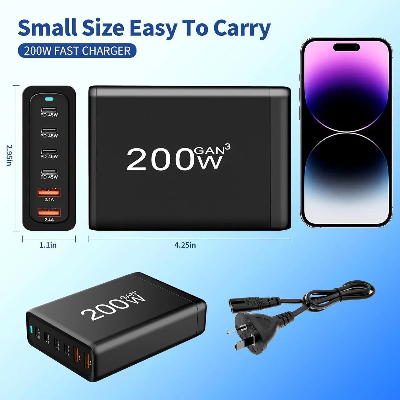 Alt view image 3 of 7 - Jansicotek 6-Prots USB C Charger 200W Portable Charger USB Type-C Charger Compact GaN Fast Charger USB C Fast Charging Block for MacBook Pro/Air, iPad Pro, iPhone 15 14 Pro