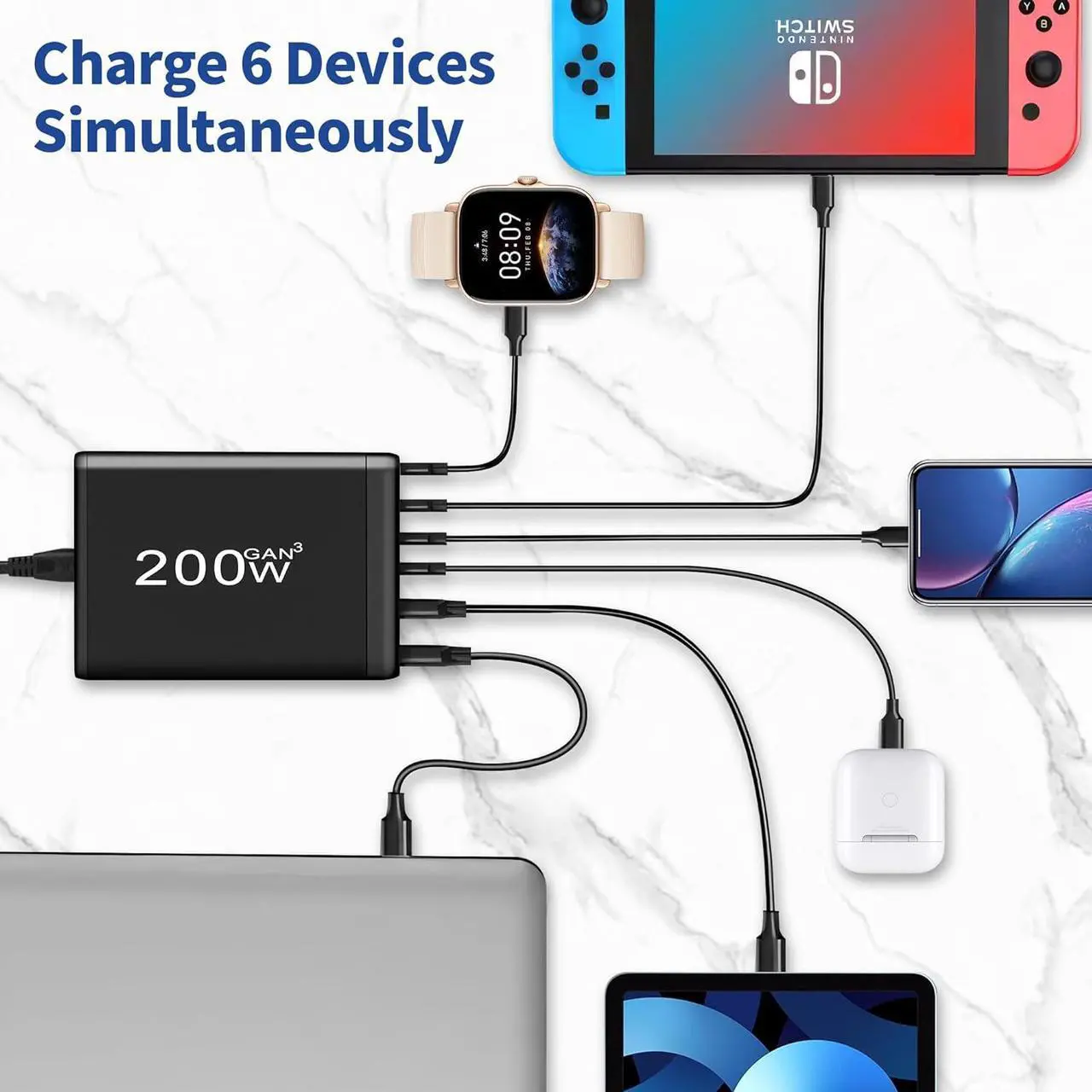 Alt view image 2 of 7 - Jansicotek 6-Prots USB C 200W Fast Charger QC3.0 USB PD3.0 Muti Ports GaN Charger Mobile Phone Quick Charging Type C Charging Station Hub for iPhone Xiaomi Samsung - Black