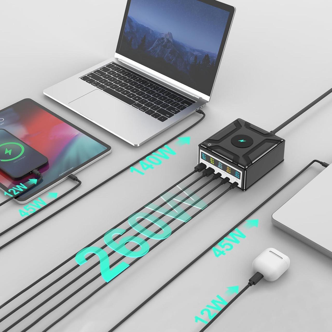 Alt view image 2 of 7 - Jansicotek 260W 5-Port GaN Desktop Charging Station + Wireless Charging, Multiple USB, Multi Port Travel Fast Charger Hub with LCD Digital Diaplay for Smart Phones, Tablet and More
