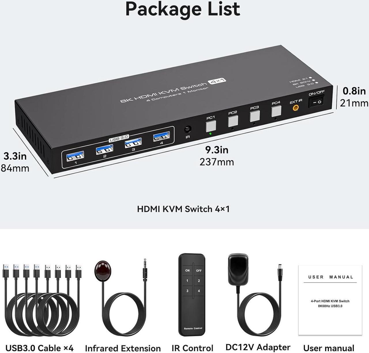 Alt view image 7 of 7 - Jansicotek HDMI KVM Switch 1 Monitors 4 Computers HDMI 2.1 8K@60Hz 4K@120Hz HDMI kvm Switch 1 Monitor 4 Computer to Share 4 USB 3.0 Ports,Wired Controller and 4 Cables Included