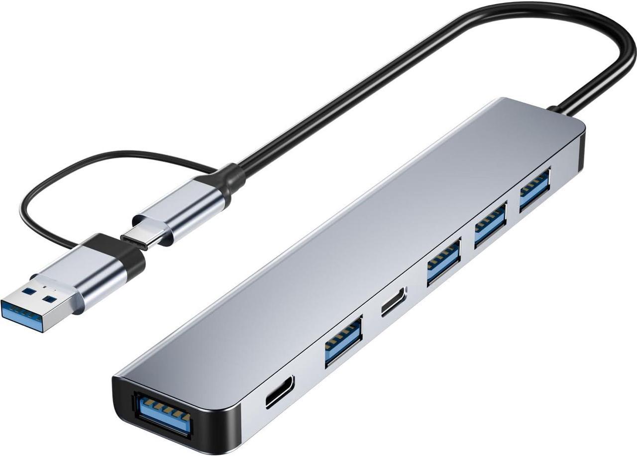 Jansicotek USB C & USB Hub, 7 in 1 USB Adapter with 7 Port USB Hub,USB C Splitter with 2*USB C Ports,5*USB-A Ports, USB Extension Adapter for Laptop and PC Computer