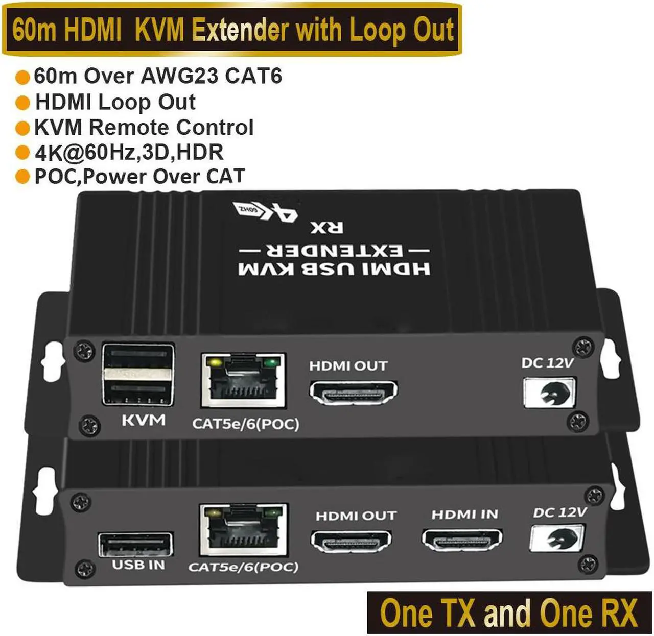 Main image of HDMI KVM USB Extender 1080P Over Cat5e/6 Ethernet Cable 60m (196ft) for Mouse and Keyboard Control Remote Signals