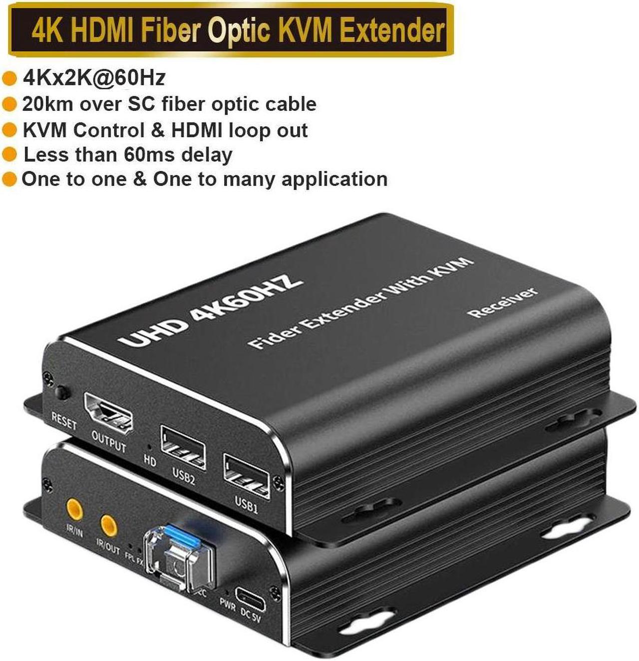 Jansicotek 4K 60Hz HDMI to Fiber Optic Converter 1080P 120Hz HDMI Fiber Optic Video Extender KVM USB Loop to HDMI Fiber Transmitter and Receiver Kit