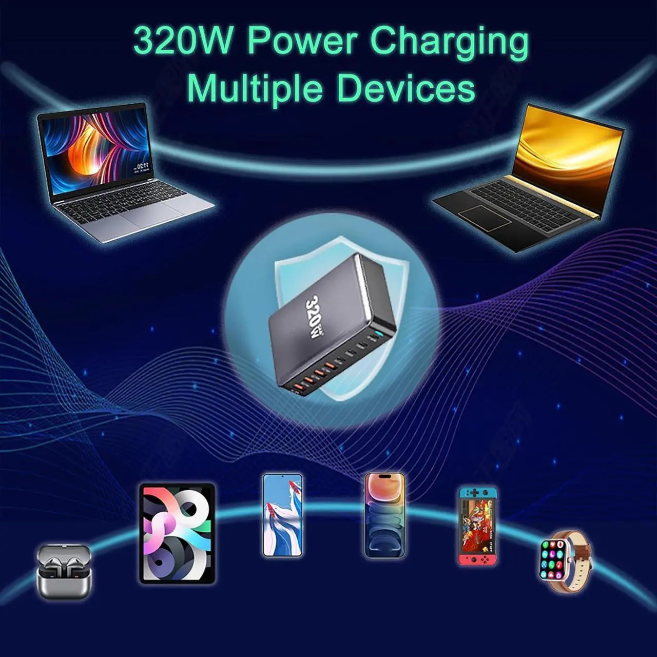 Alt view image 3 of 7 - Jansicotek 8-Prots 320W GaN III 8 Ports USB C Fast Charging Station Hub Mobile Phone Quick Charging Type C Desk GaN Tech Laptop USB C Power Adapter Block for IPhone Samsung