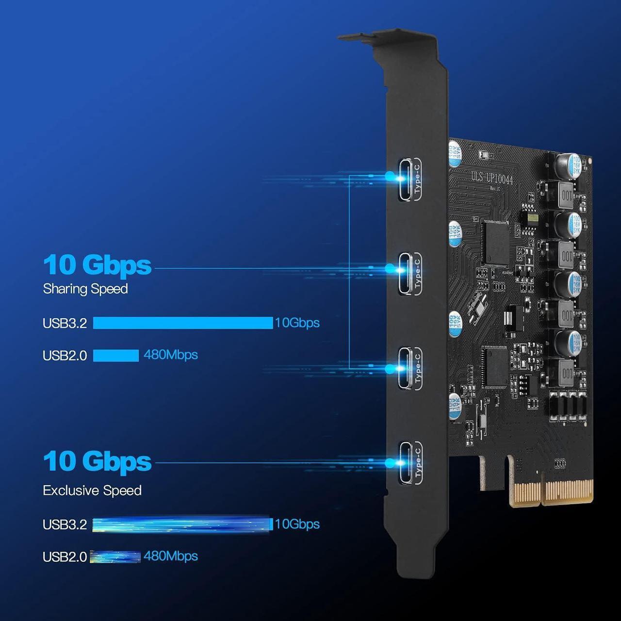 Alt view image 2 of 7 - Jansicotek Pcie USB Card Pcie USB 3.2, 4-Port Pcie Expansion Card Type-C 10Gbps High Speed Transmission Stable Power USB 3.2 Front Expansion Card- (4X USB C)