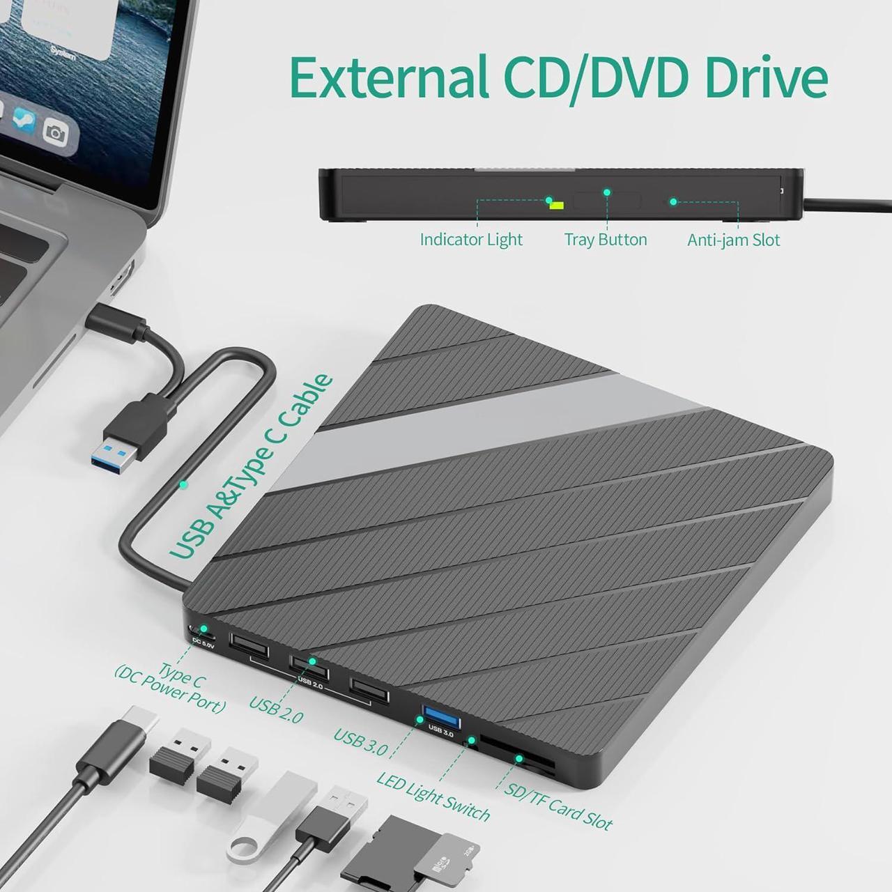 Alt view image 2 of 7 - Jansicotek 8-in-1 External CD DVD Drive, USB3.0/USB C Portable CD DVD Player with Card Reader USB Hub CD ROM Burner Reader Supports Windows11/10/8.1/8/7/vista/2003/XP/2000/, Linux, Mac 10 OS