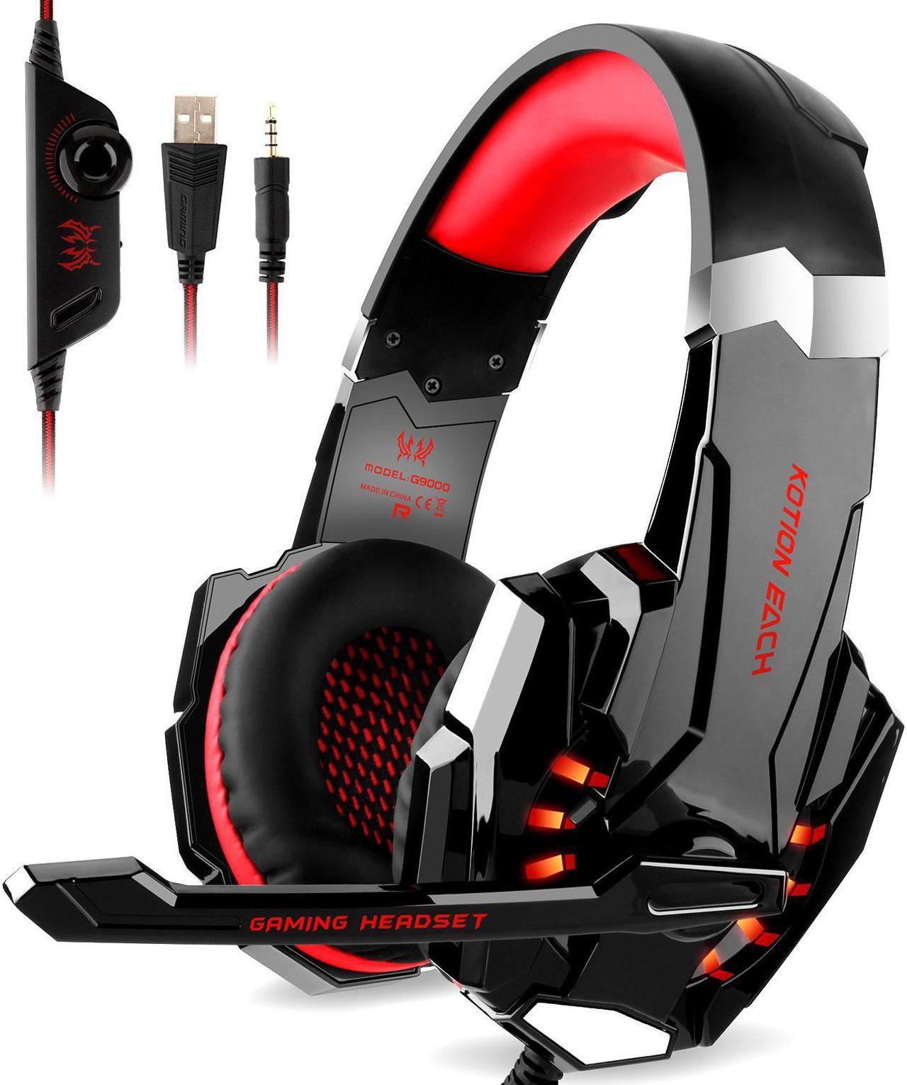 Jansicotek KOTION EACH G9000 3.5mm Game Gaming Headphone Headset Earphone Headband with Microphone LED Light for for New Xbox One/PS4/Tablet/Laptop/Cell Phone- Black and Red