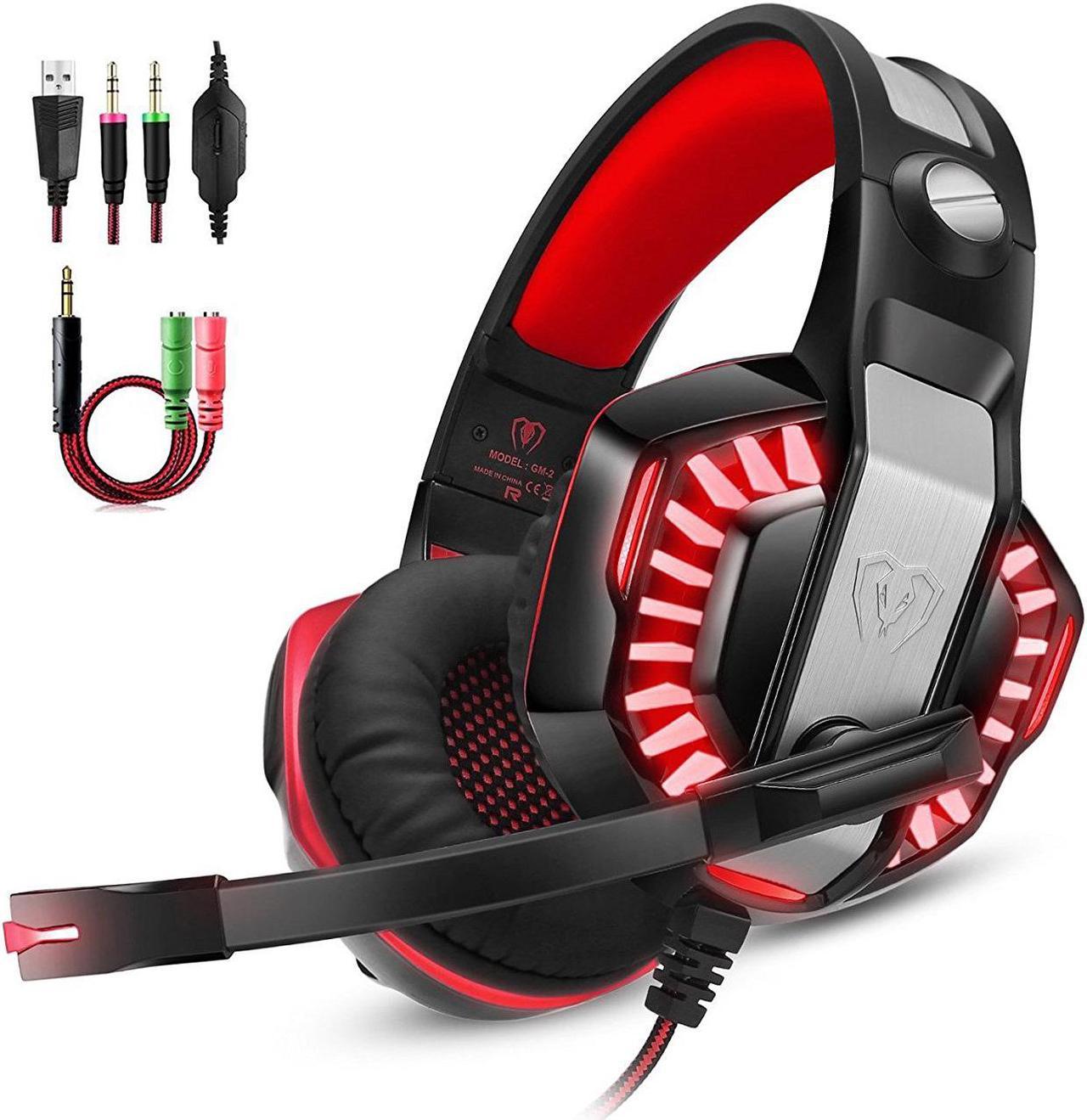 Jansicotek Gaming Headset for PS4 Xbox One,Stereo Over Ear Gaming Headphones Noise Cancelling Wired PC Headset with Mic/Bass Surround/Volume Control/LED Light for Playstation 4/Laptop/Mac/PC-Red