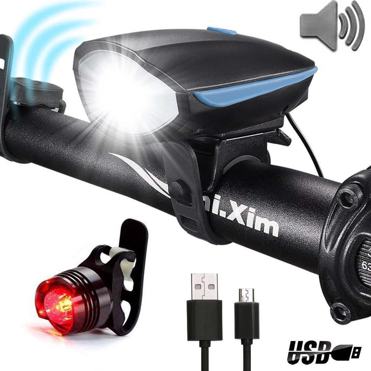 Jansicotek USB Rechargeable Bike Lights Front and Back - Waterproof and Easy Installation - Super Bright Bike Headlight, Free Tail Light and Horn Included - Blue