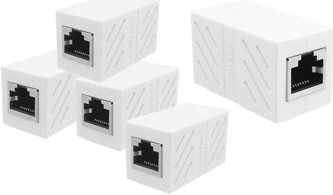 Jansicotek RJ45 Connector Female to Female Cat7/6/5e Ethernet Adapter 8P8C Network Extender Extension Cable for Ethernet Cable-(5-pack, White)