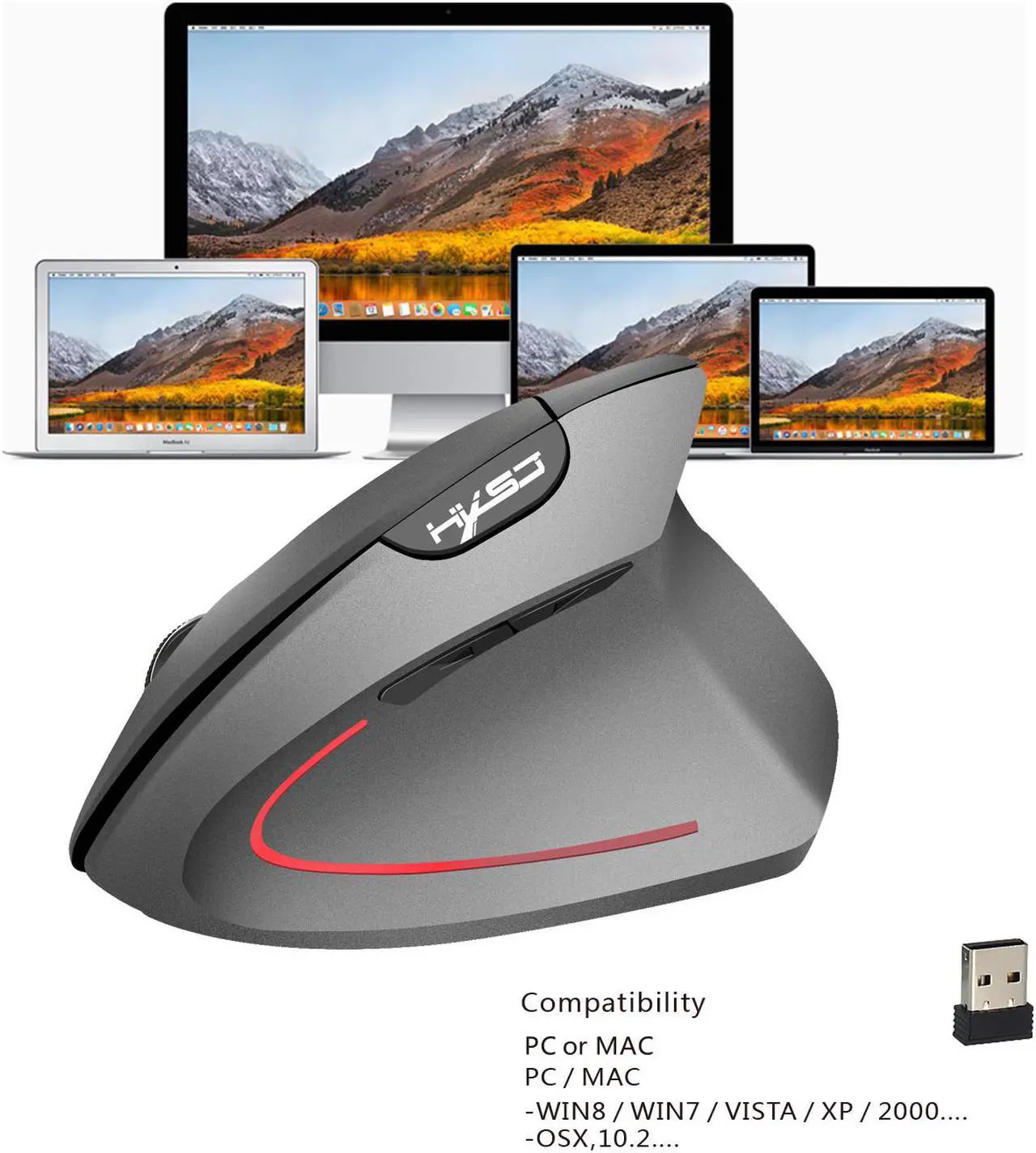 Alt view image 3 of 7 - HXSJ Vertical Mouse 2.4G Wireless Mouse Rechargeable Mouse Built-In 600 MA Battery Adjustable 2400Dpi for Windows 7/8/Vista/XP/2000 suitable for Office&Games -Gray