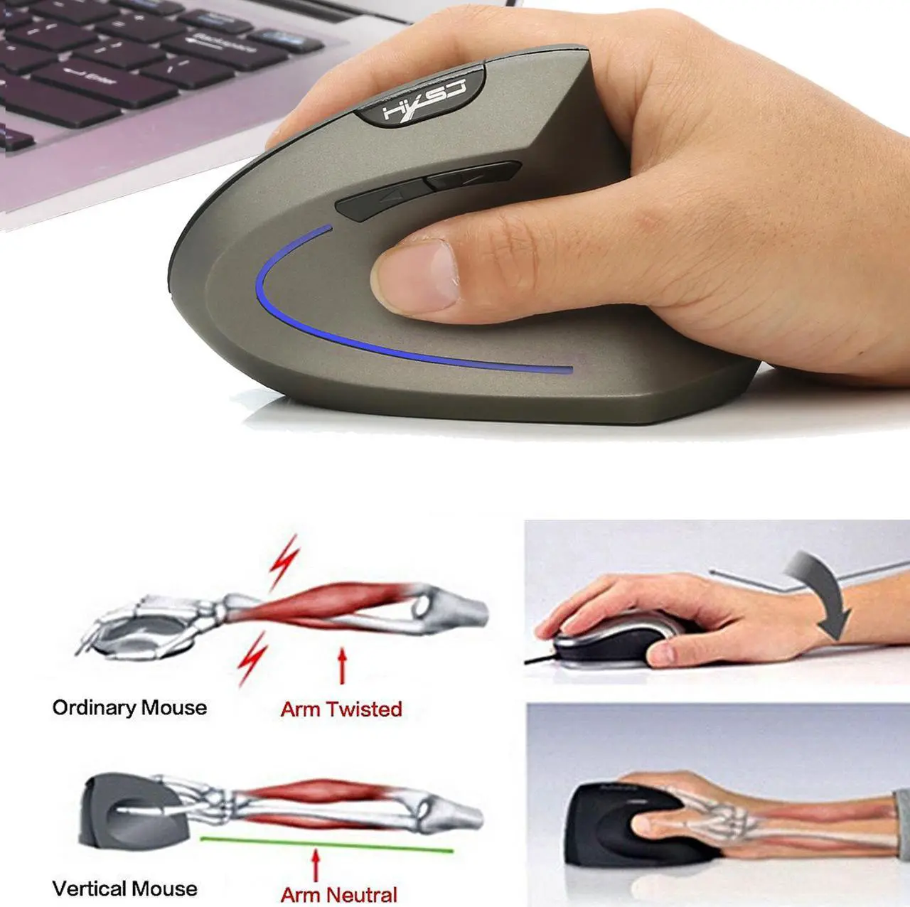 Alt view image 4 of 7 - HXSJ Vertical Mouse 2.4G Wireless Mouse Rechargeable Mouse Built-In 600 MA Battery Adjustable 2400Dpi for Windows 7/8/Vista/XP/2000 suitable for Office&Games -Gray