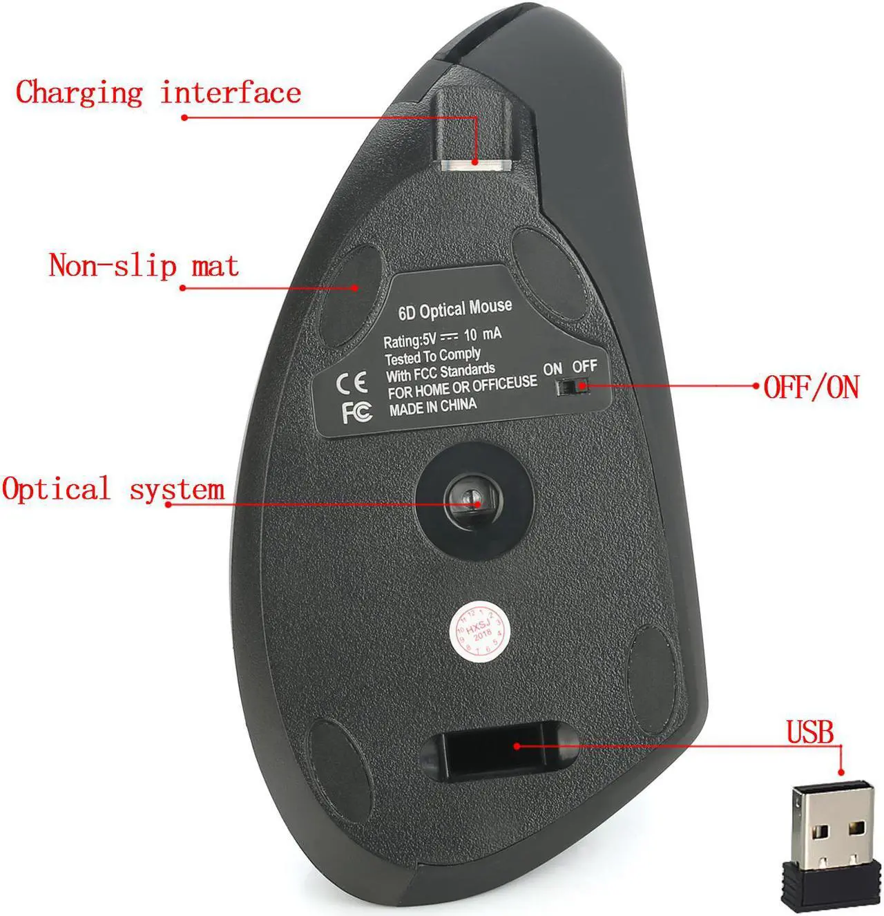 Alt view image 6 of 7 - HXSJ Vertical Mouse 2.4G Wireless Mouse Rechargeable Mouse Built-In 600 MA Battery Adjustable 2400Dpi for Windows 7/8/Vista/XP/2000 suitable for Office&Games -Gray
