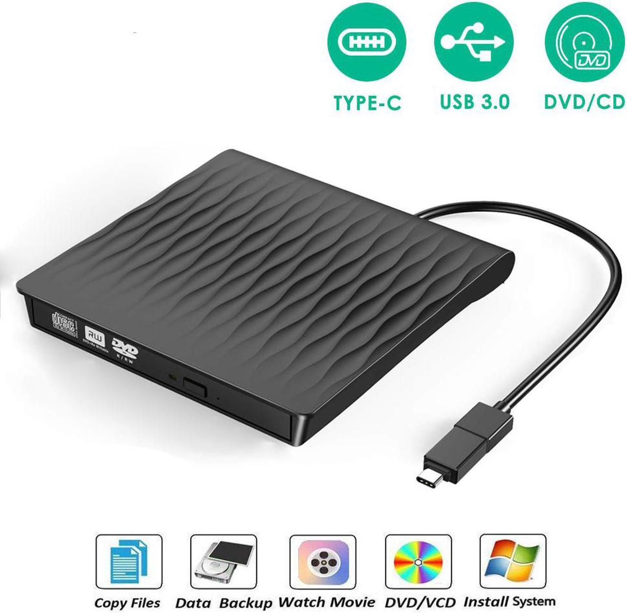 Jansicotek USB-3.0/USB-C External CD DVD Drive, CD/DVD +/-RW Optical Drive ROM Rewriter Burner, USB3.0/Type-C High Speed Data Transfer External DVD Drive for Laptop/Mac/Desktop/MacOS/Windows(Black)