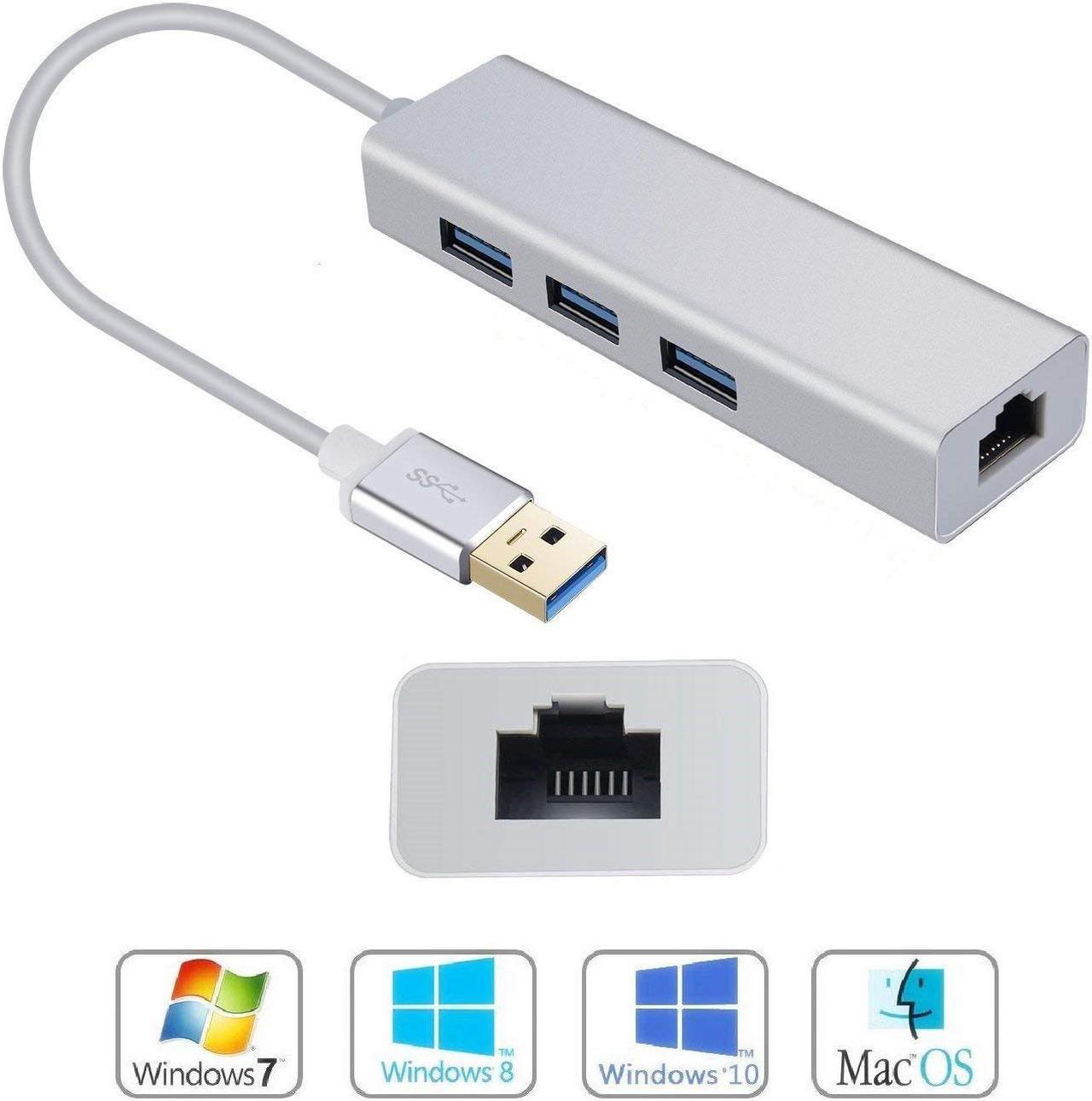 USB HUB with Gigabit Ethernet Port, 3-Port USB 3.0 Aluminum Portable Data Hub with Gigabit Ethernet Port Network Adapter 5Gbps Speed, 10/100/1000 Mbps Ethernet Port for Mac, PC, USB Flash Drives