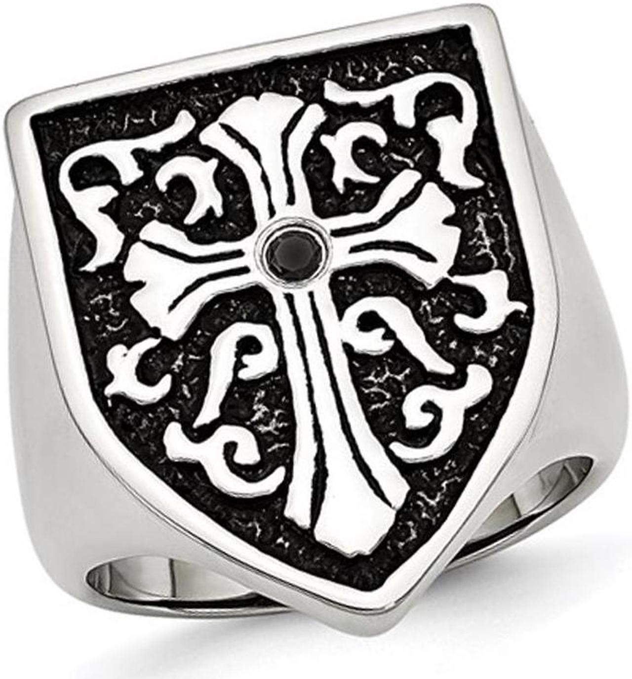 Men's Cross Antiqued Shield Stainless Steel Ring with Black Diamond