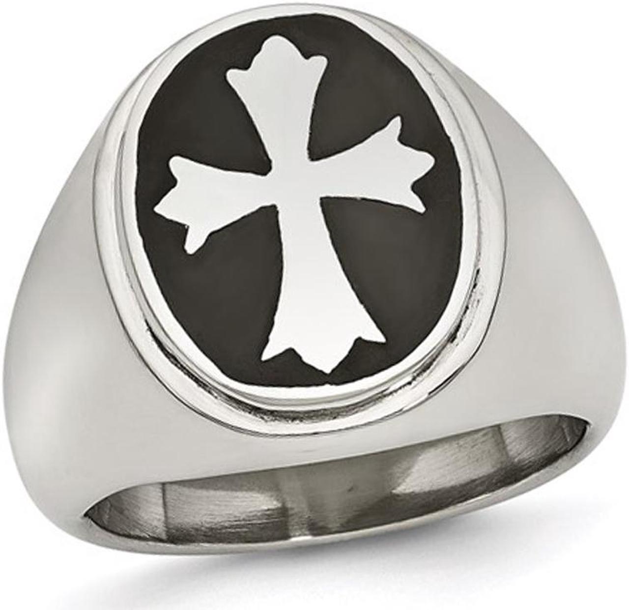 Men's Polished Stainless Steel Ring with Enameled Cross