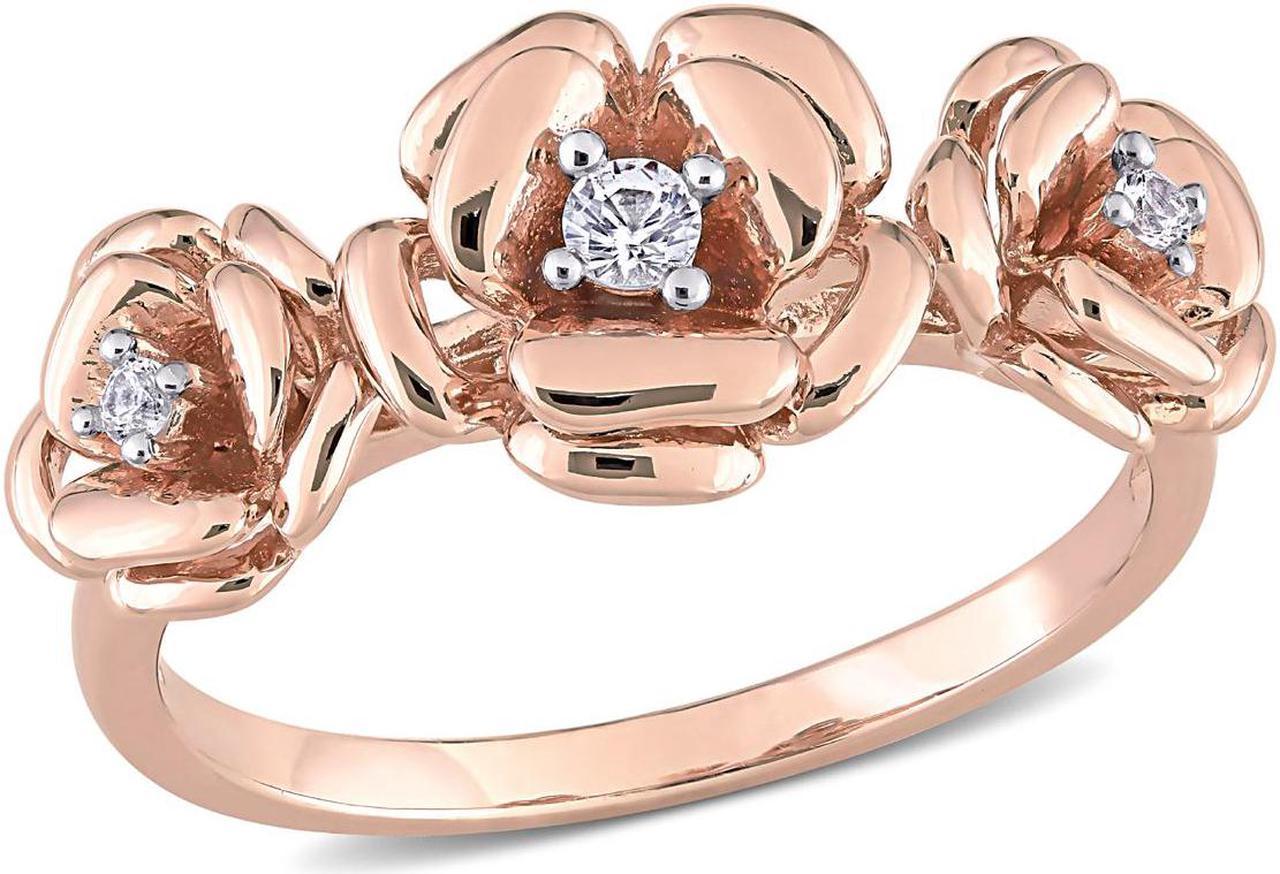 1/10 Carat (ctw) Lab-Created White Sapphire 3-stone Rose Flower Ring in Rose Plated Silver