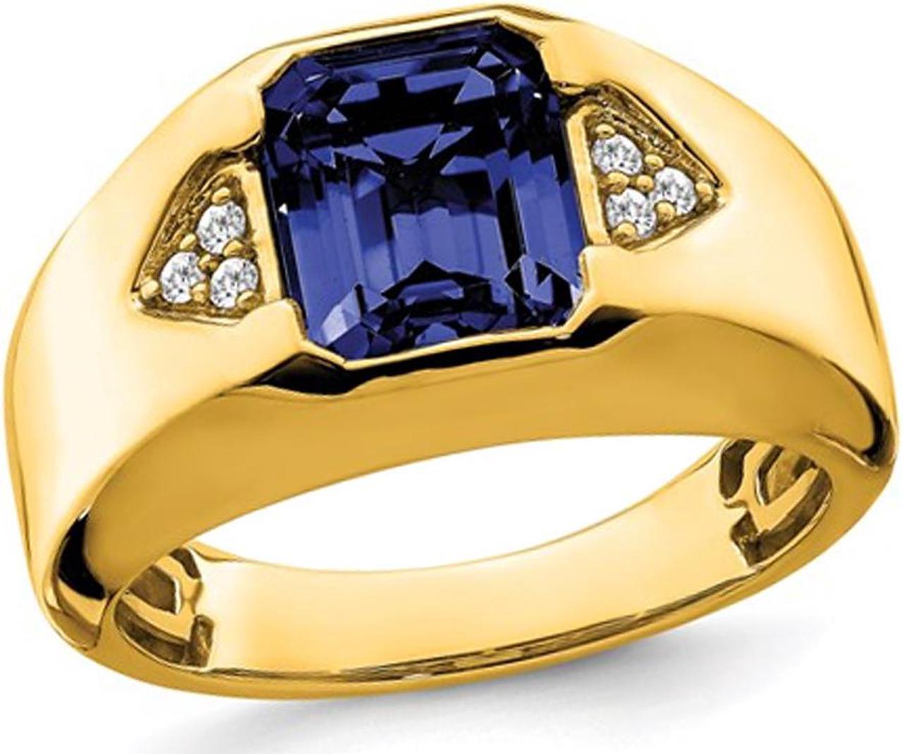 Mens 3.75 Carat (ctw) Lab Created Blue Sapphire Ring in 14K Yellow Gold with Diamonds