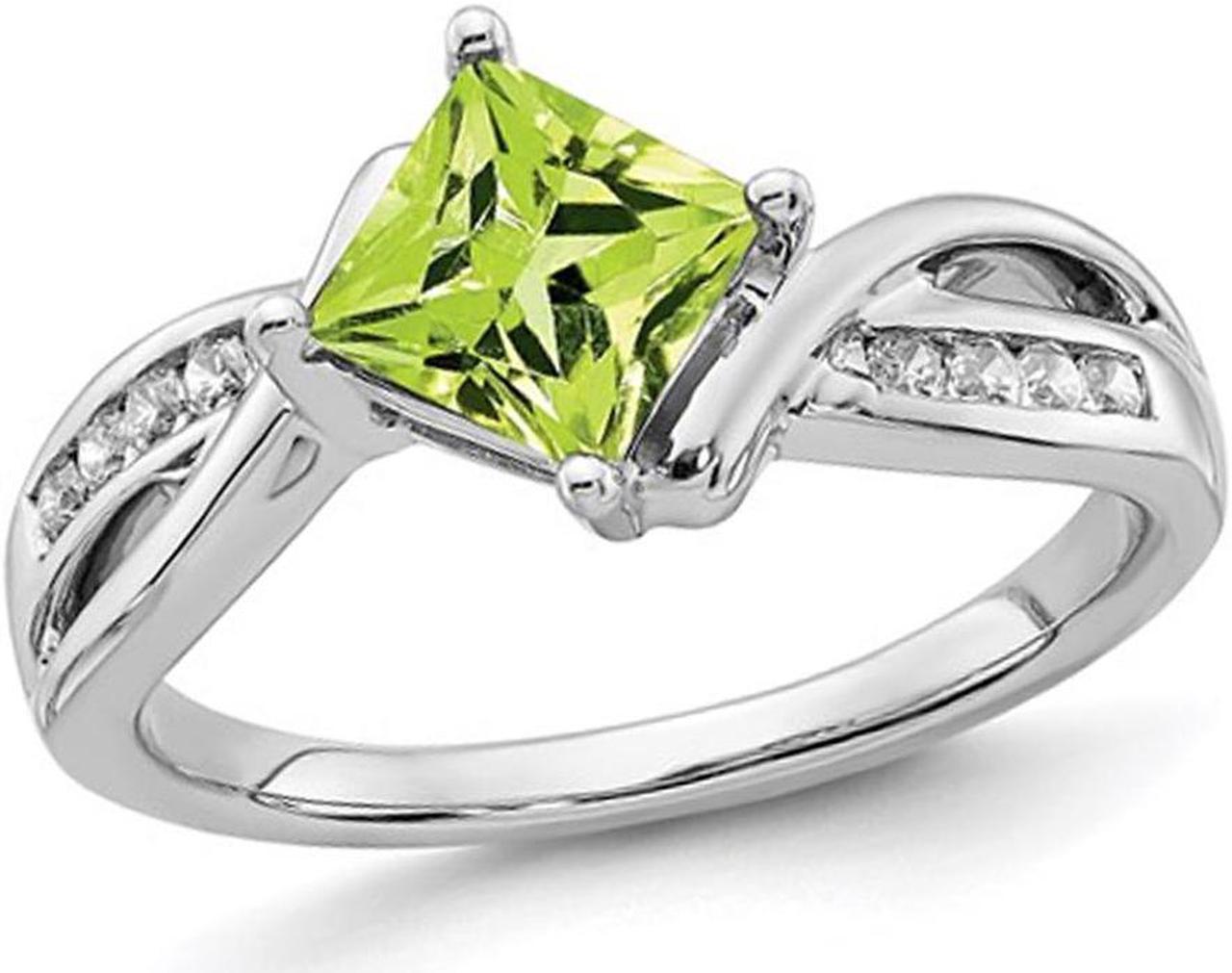 1.00 Carat (ctw) Princess-Cut Natural Peridot Ring in 14K White Gold with Diamonds