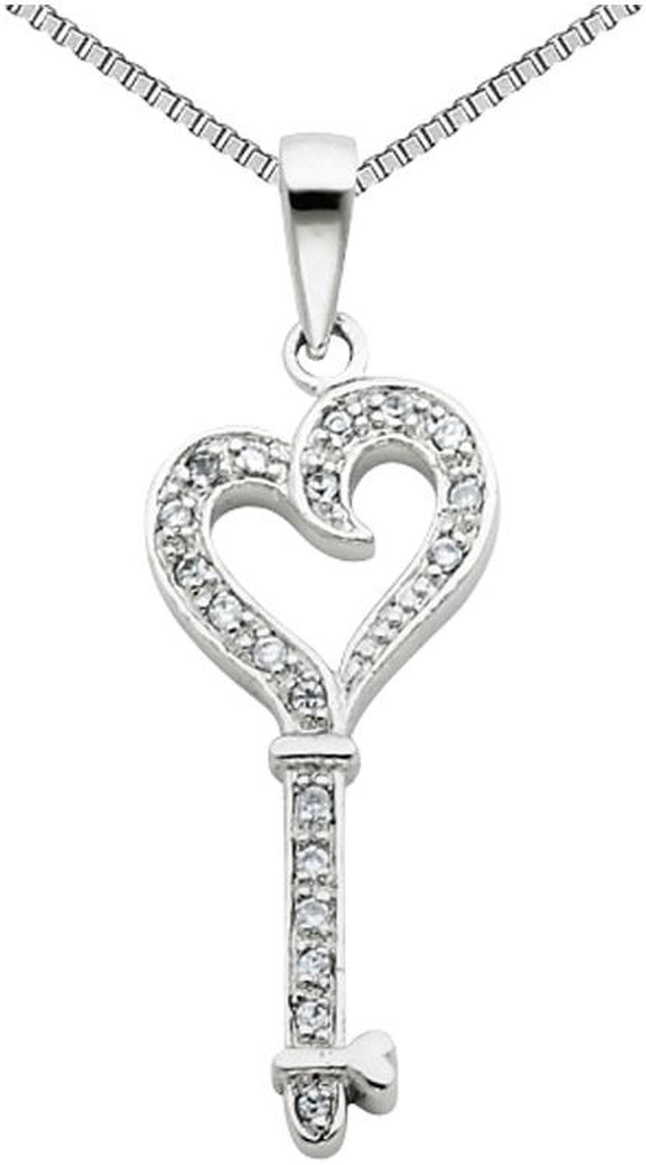 Main image of Synthetic Cubic Zirconia (CZ) Heart and Key Pendant Necklace in Sterling Silver with Chain