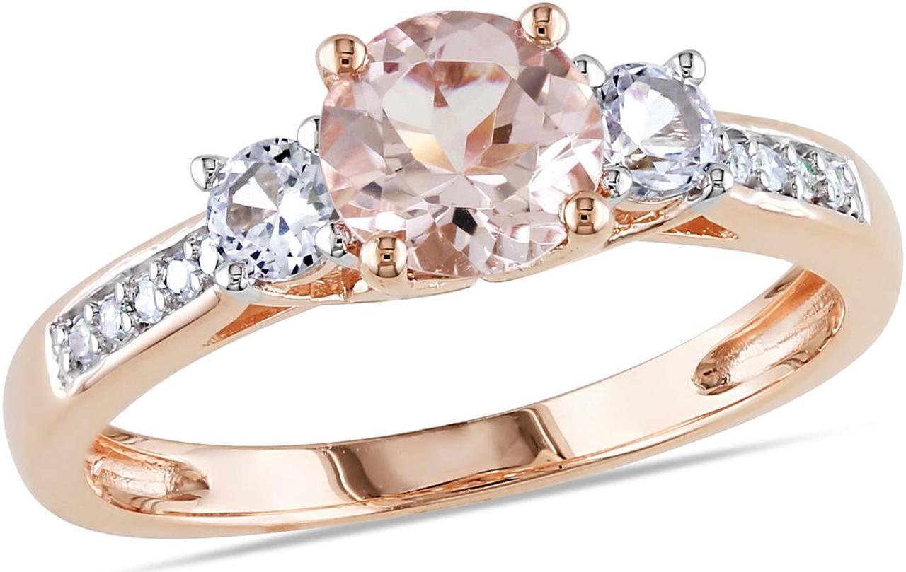 1.20 Carat (ctw) Morganite & Lab-Created White Sapphire Three Stone Ring with Diamonds in 10K Rose Pink Gold