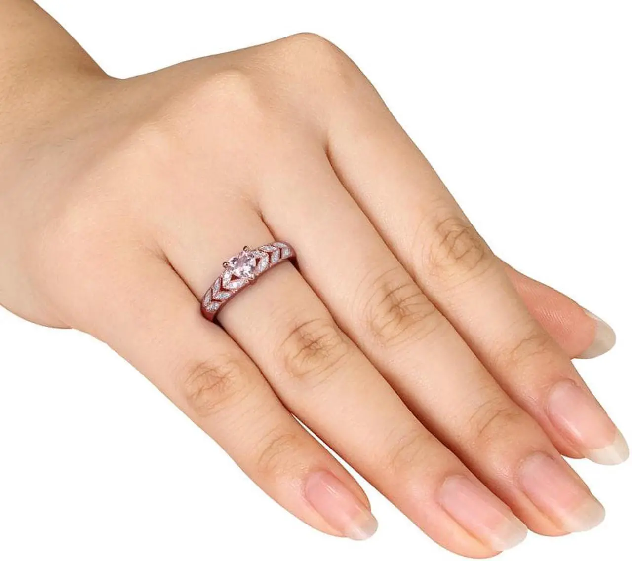 Alt view image 3 of 4 - 1/2 Carat (ctw) Morganite Heart Promise Ring with Diamonds in Rose Plated Sterling Silver