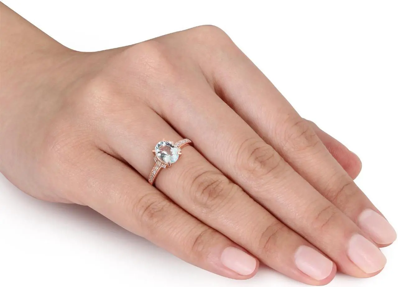 Alt view image 3 of 4 - 1.00 Carat (ctw)  Aquamarine Ring with Diamonds in Rose Plated Sterling Silver