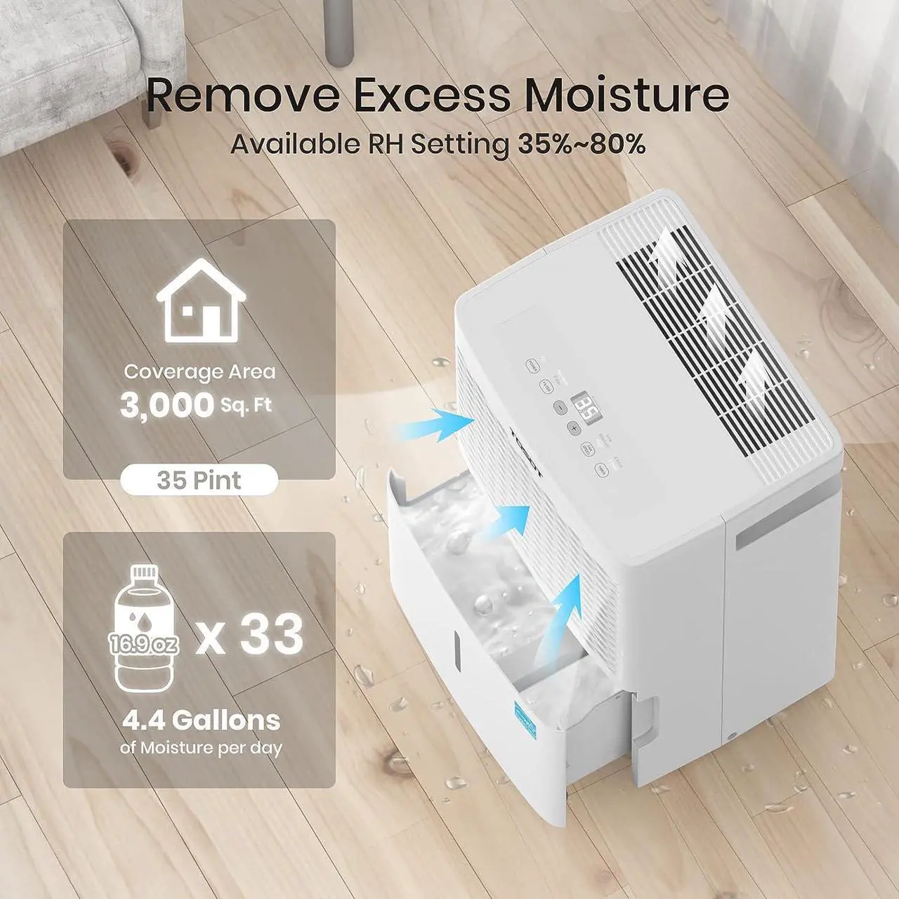 Alt view image 3 of 5 - TOSOT 35 Pint 3,000 Sq Ft Dehumidifier GDN35BB-A3EBA2A